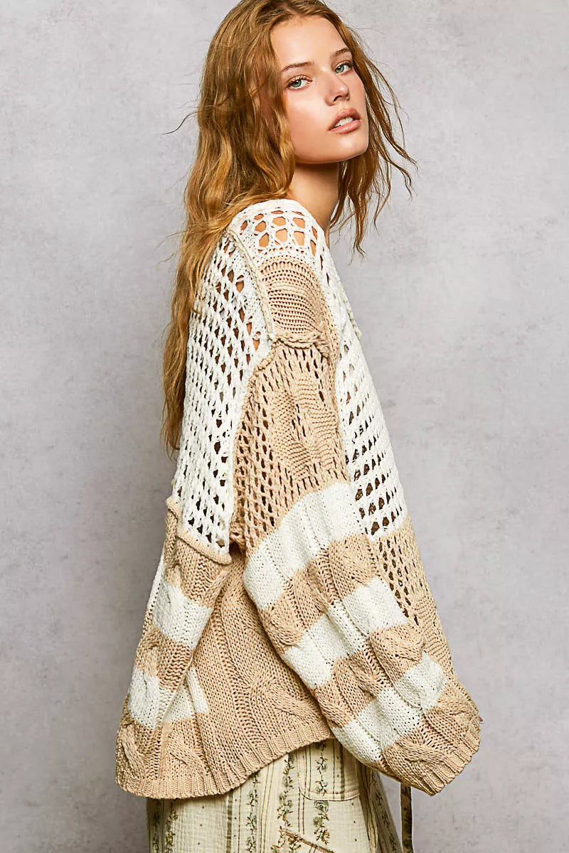 Color-Block Stripe Twisted Weave Top in Beige by POL