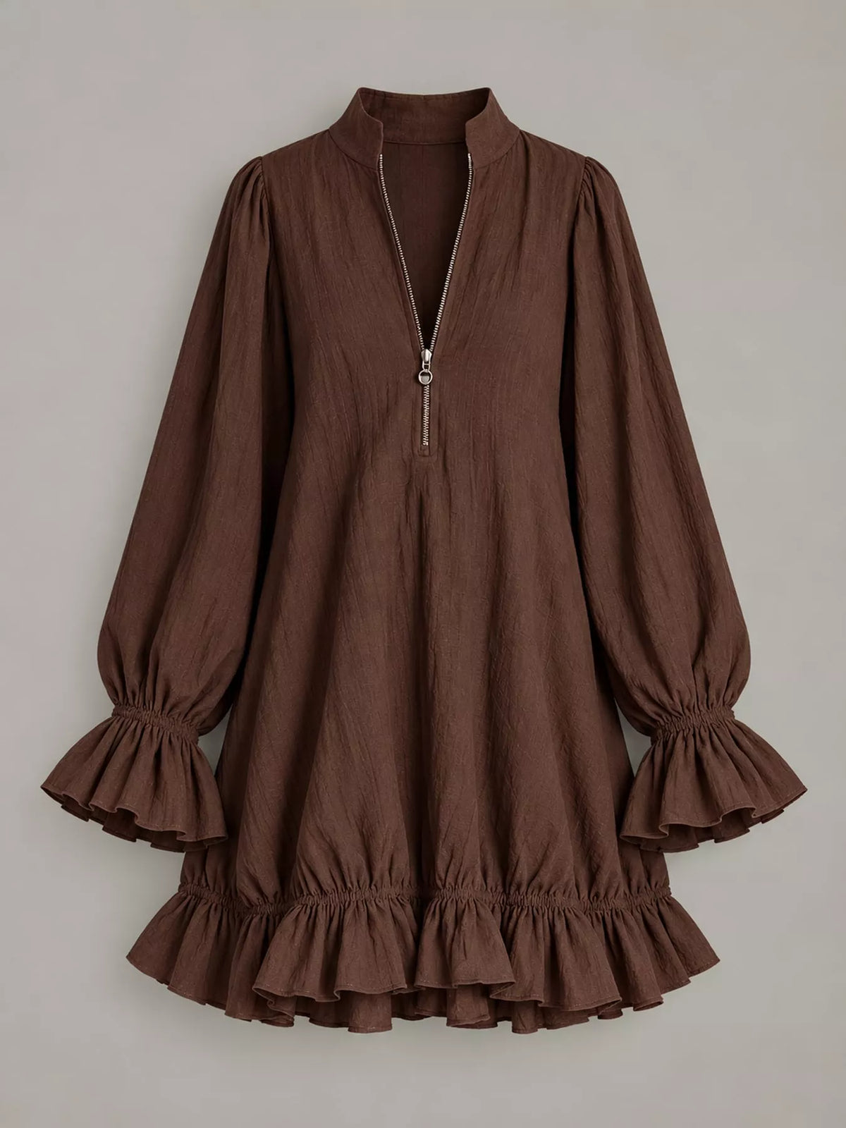 Zipper-Front Ruffle Hem Mini Dress