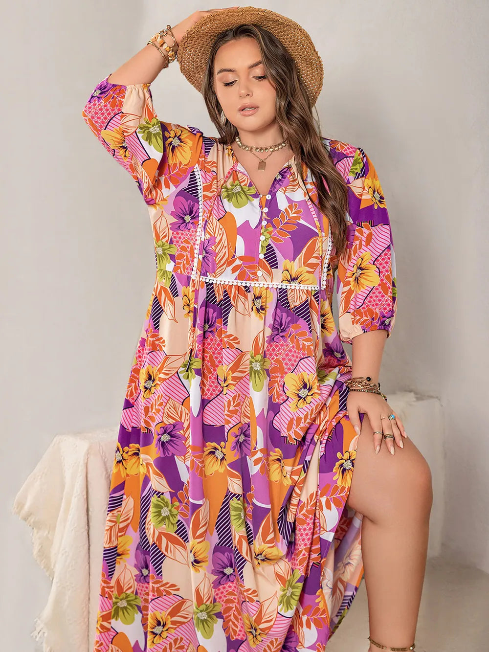 Printed Tie-Neck Maxi Dress in Multicolor