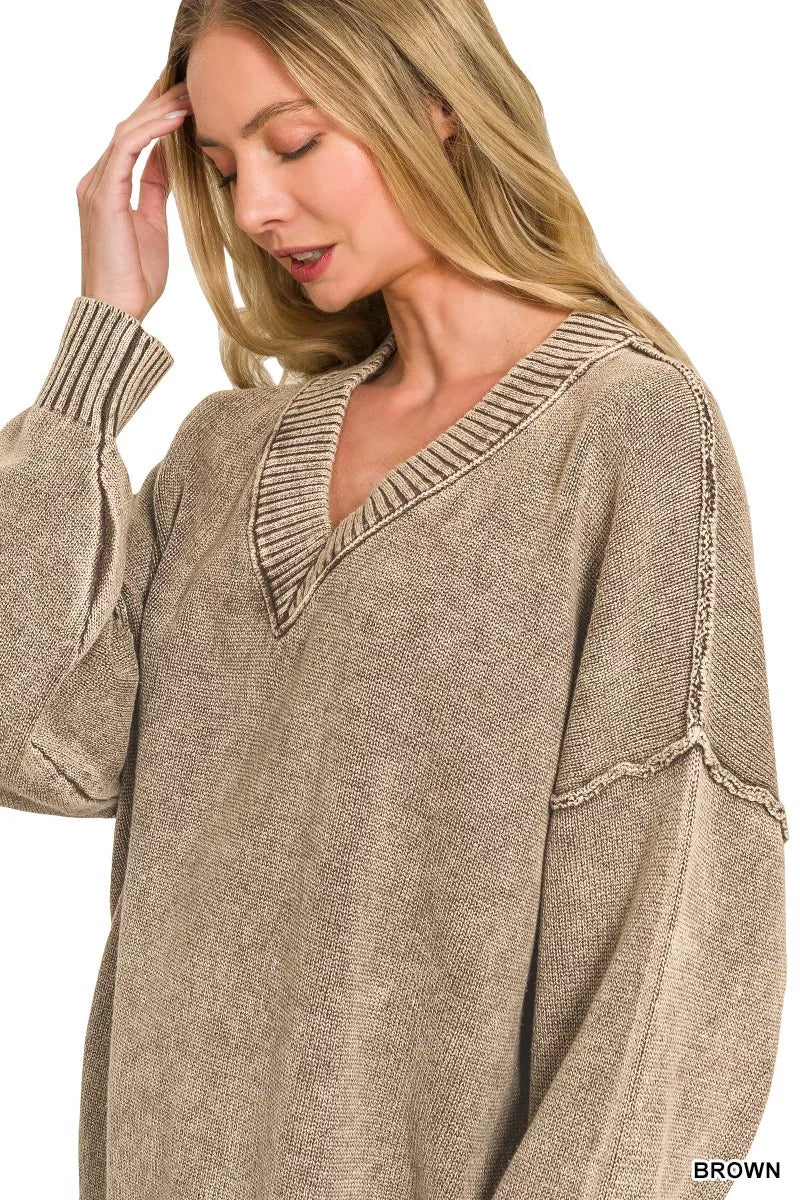 Zenana Washed Deep V-Neck Oversized Sweater in Brown