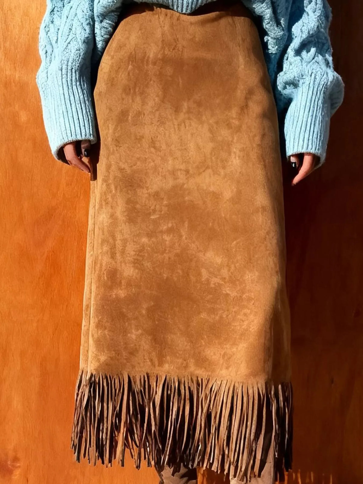 High-Waisted Fringe Midi Skirt