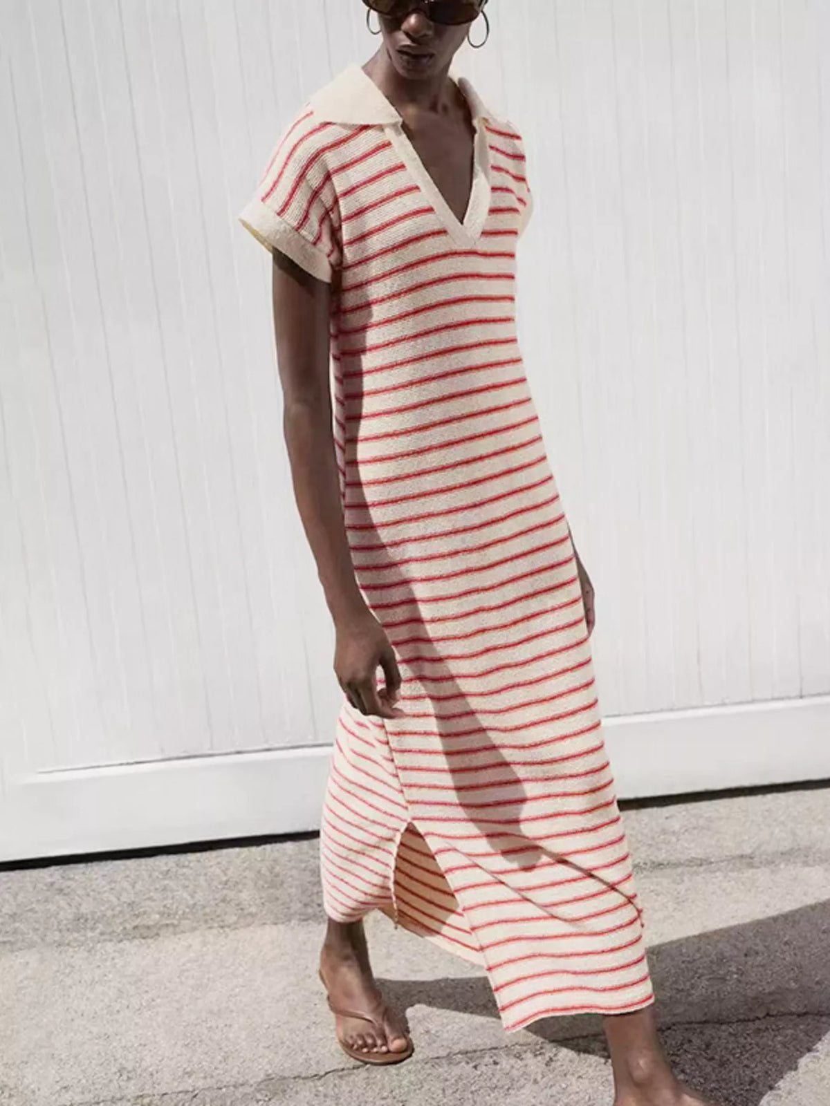 Striped Slit Short-Sleeve Maxi Dress