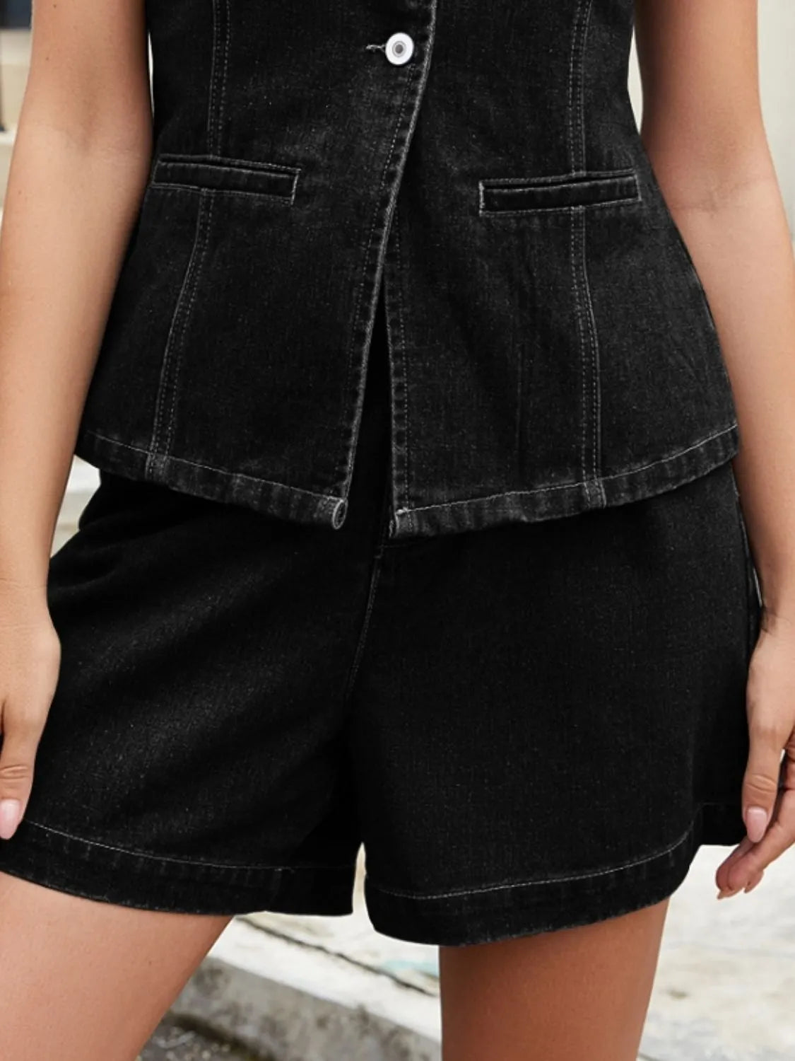Button-Down Vest and Shorts Denim Set by Moni Wear