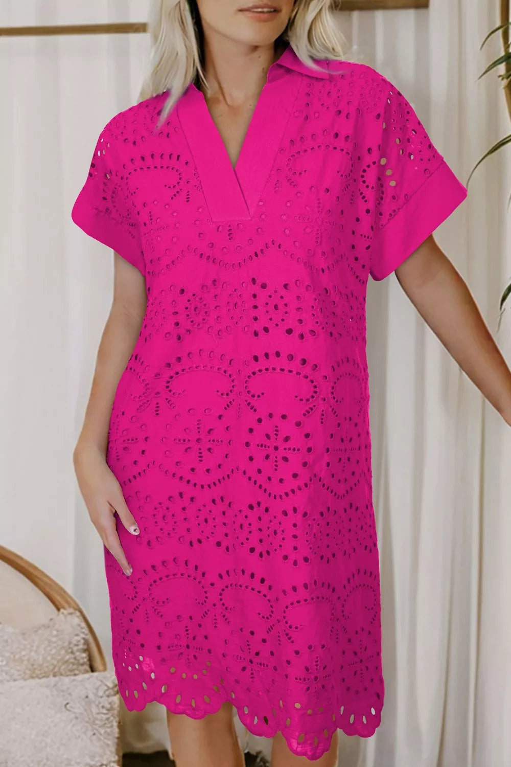 Eyelet Short Sleeve Dress in Hot Pink