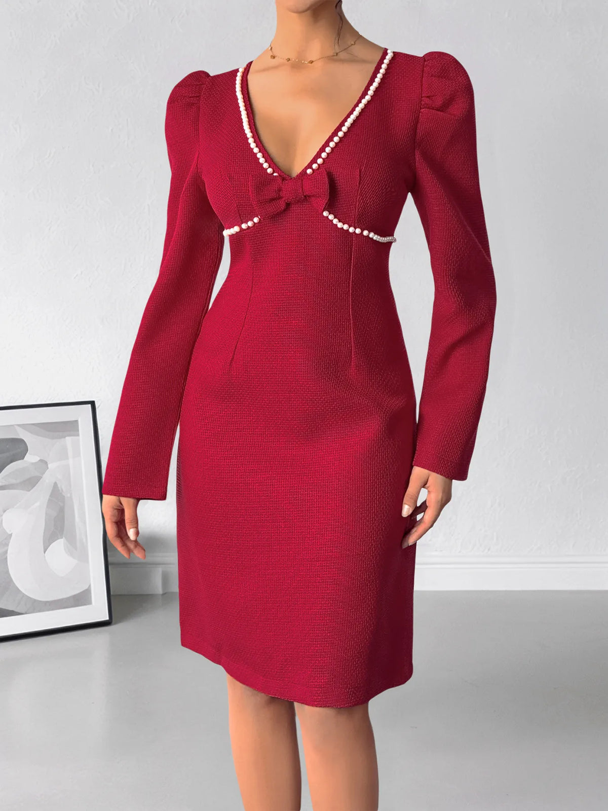 Pearl Trim V-Neck Long Sleeve Bodycon Dress in Red