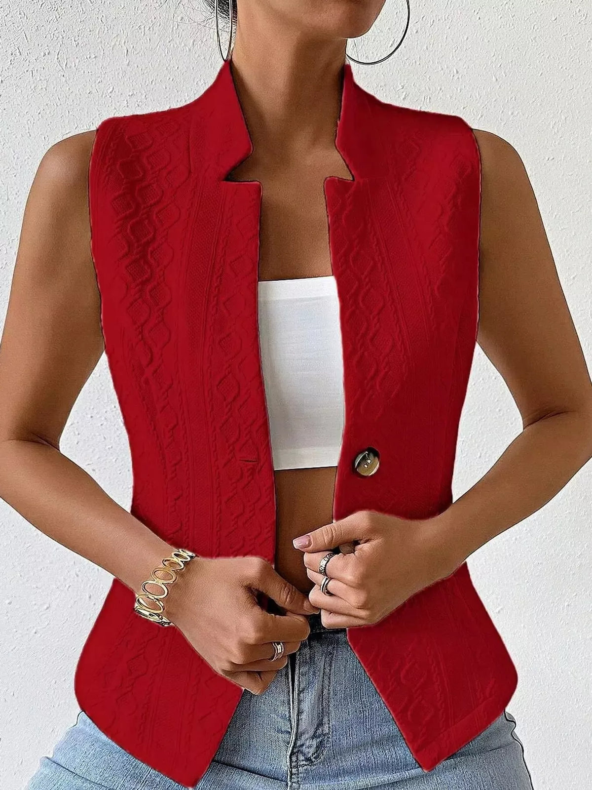 Textured Slim-Fit Button-Down Vest Coat