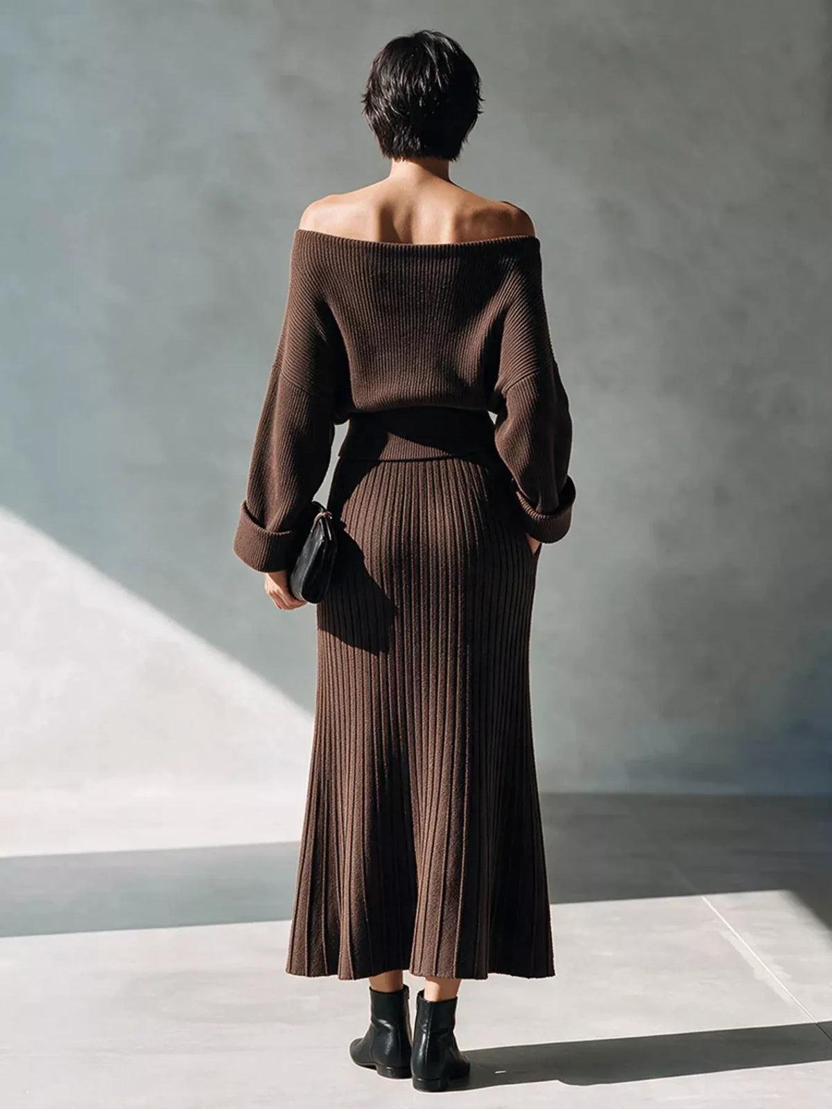 Off-Shoulder Ribbed Knit Top and Skirt Set in Dark Brown