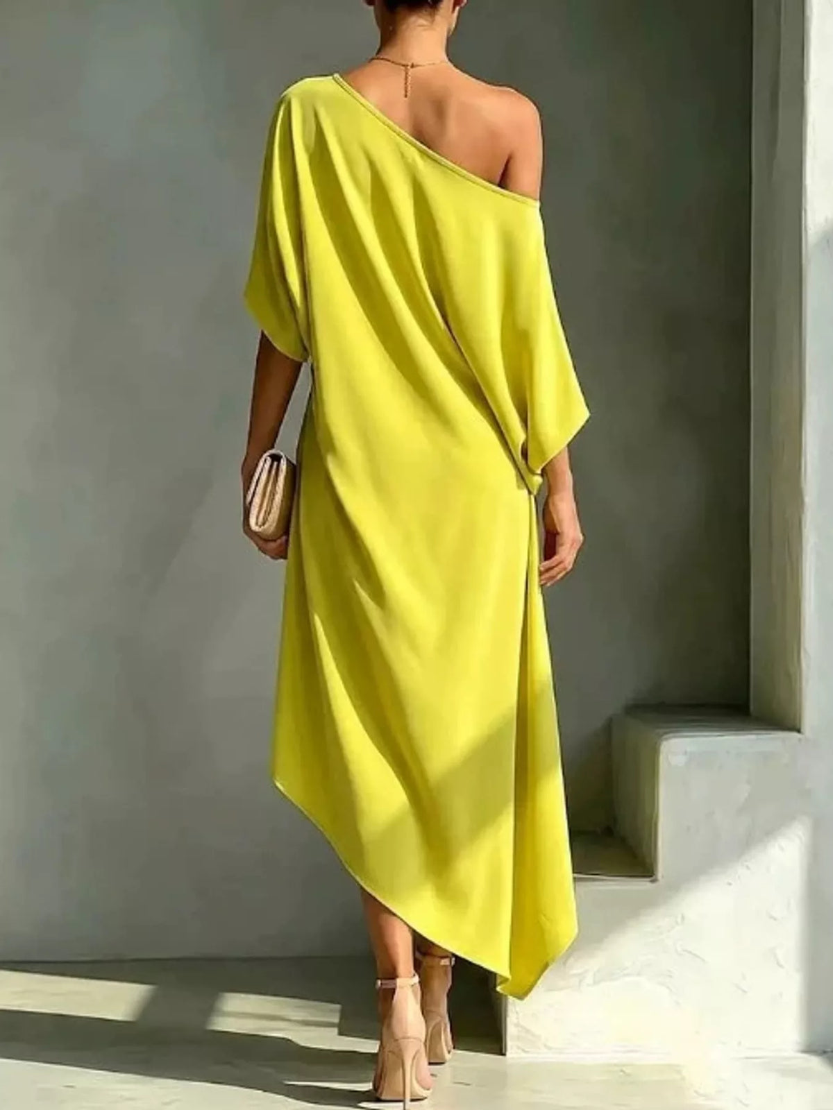 One-Shoulder Asymmetric Hem Midi Dress