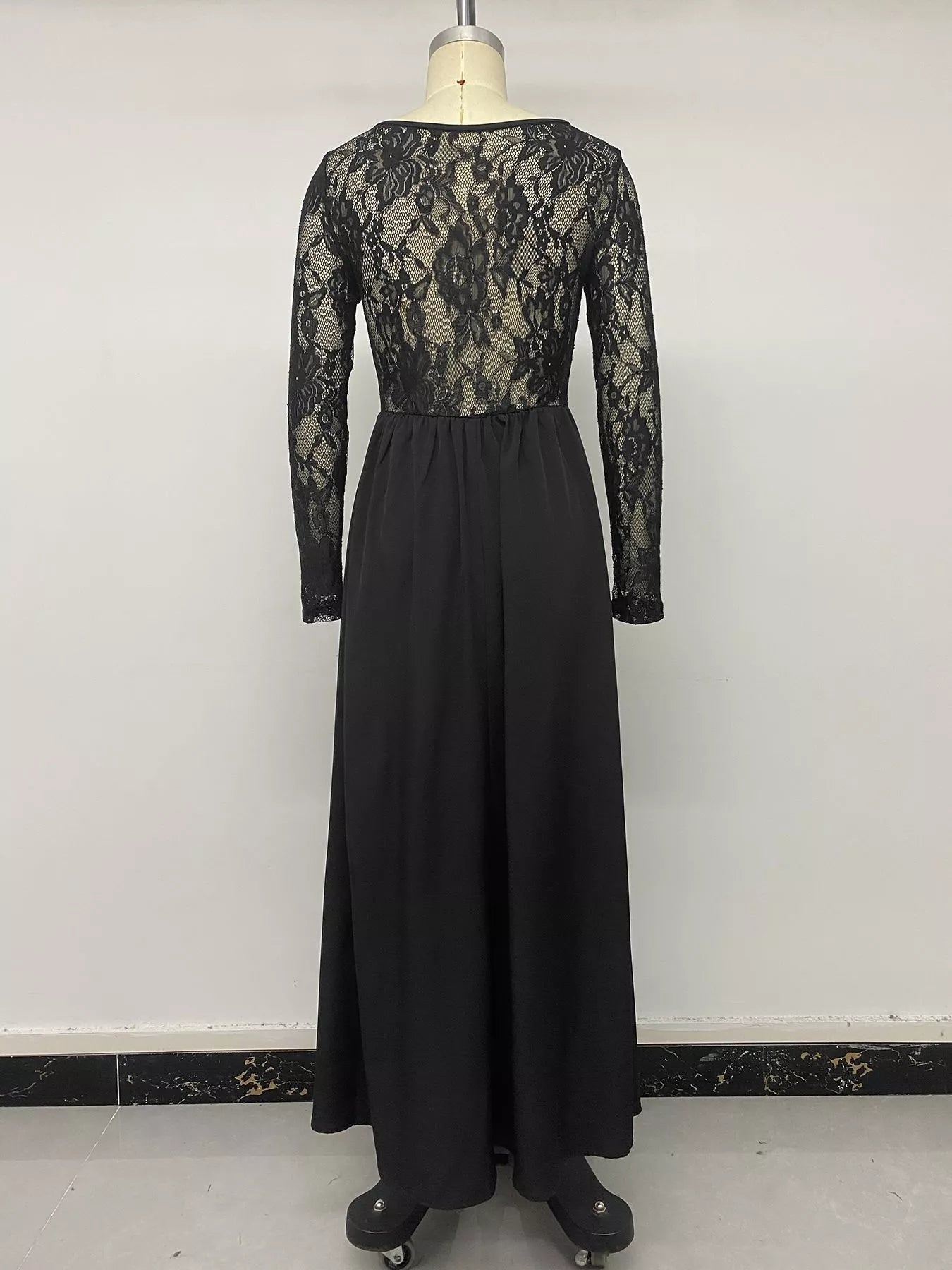 Square Neck Sheer Sleeve Maxi Dress in Black