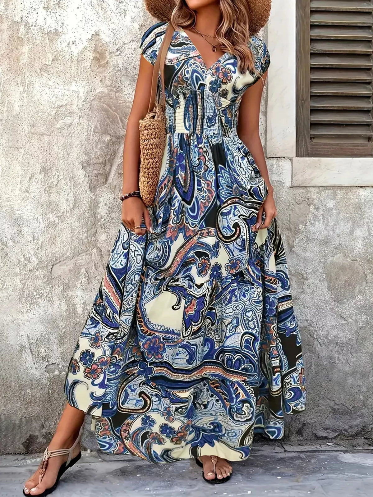Floral V-Neck Cap Sleeve Maxi Dress