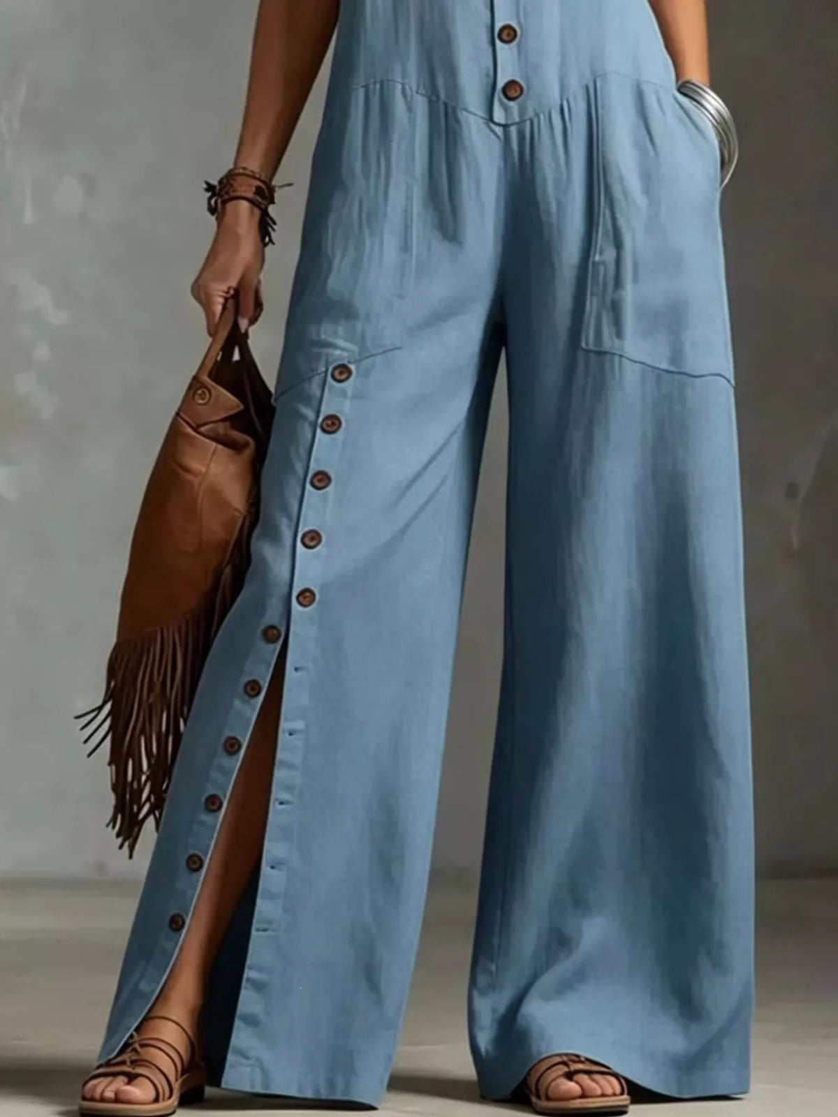 Sleeveless Button Front Wide Leg Jumpsuit Plus Size