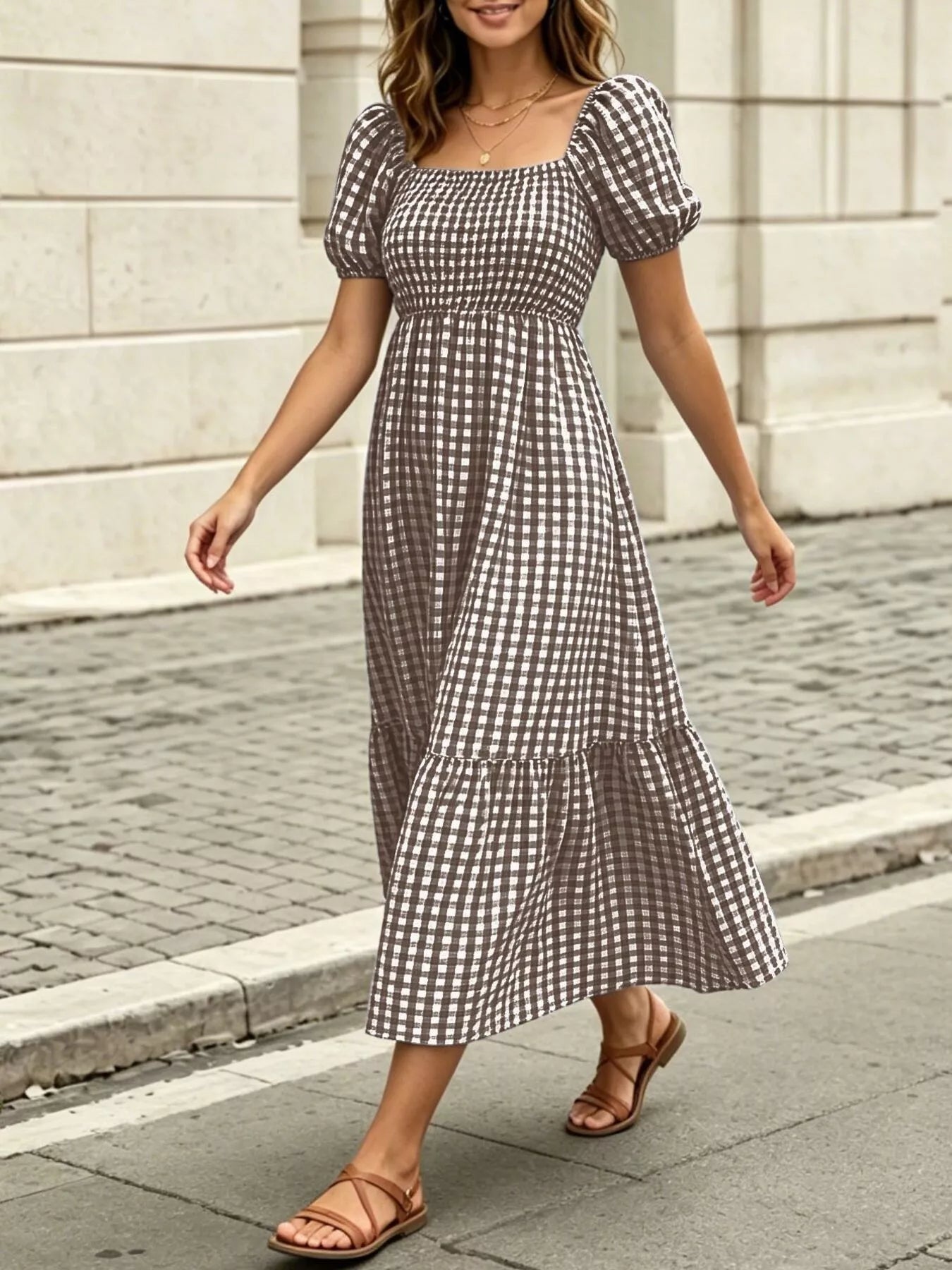 Gingham Smocked Puff Sleeve Midi Dress