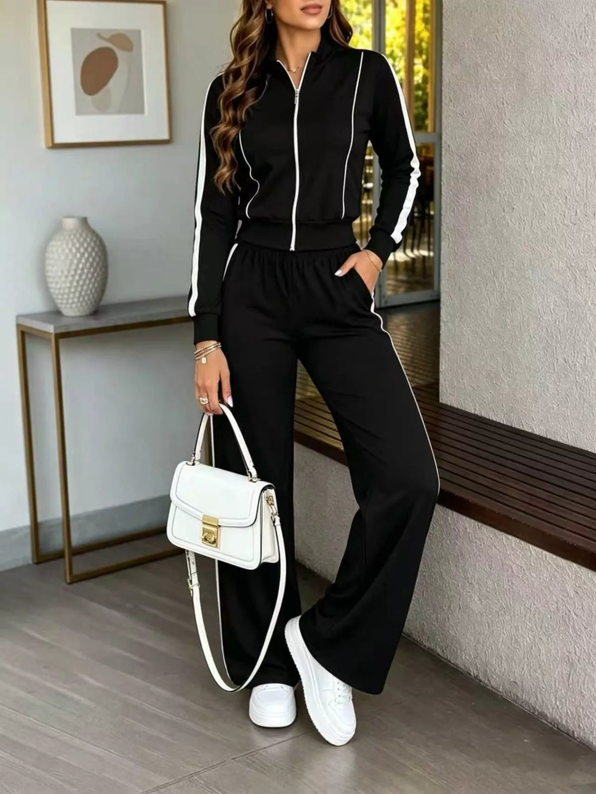 Contrast Zip-Up Top and Pants Set in Black
