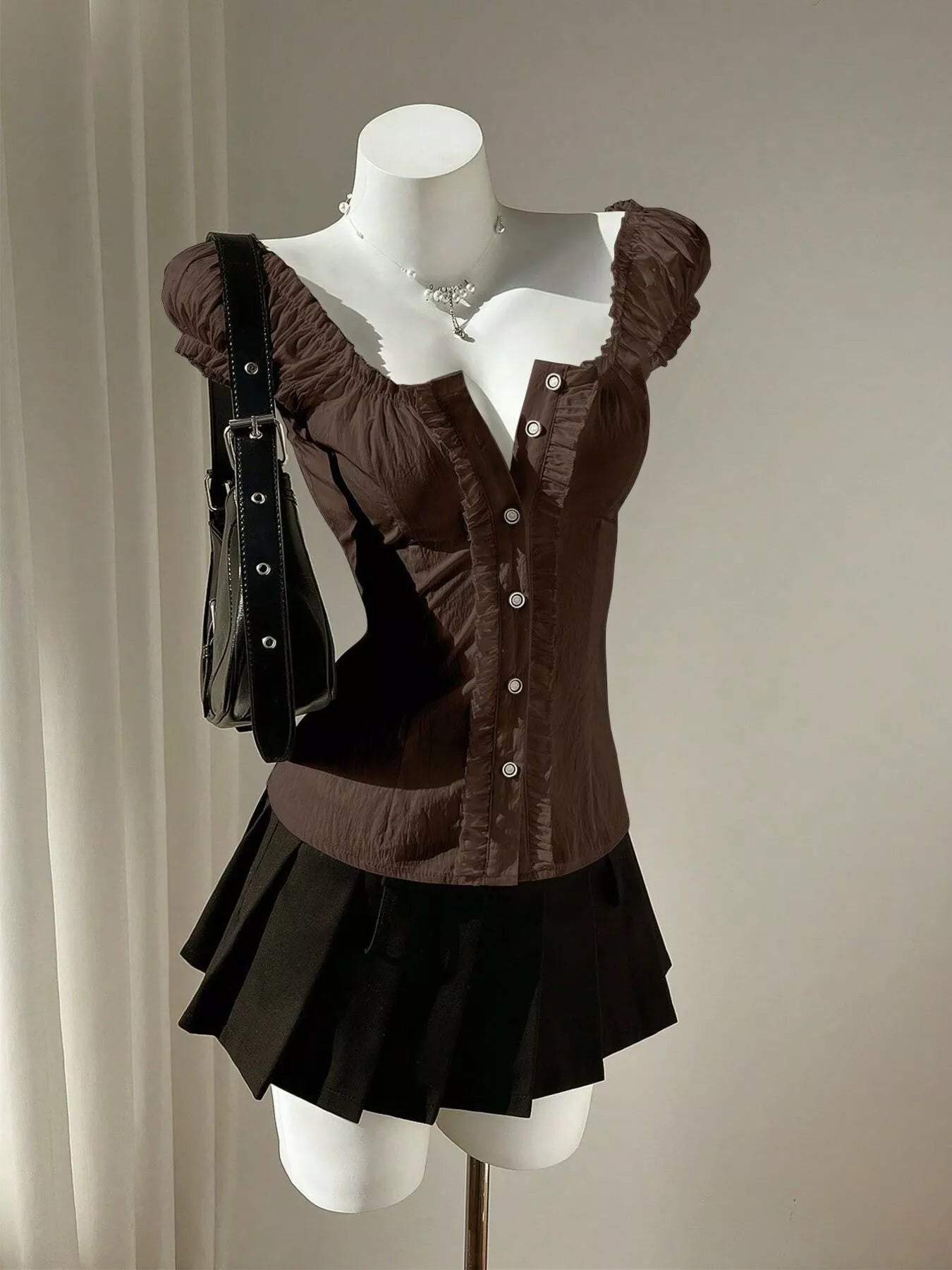 Puff Sleeve Ruched Button-Up Blouse in Brown