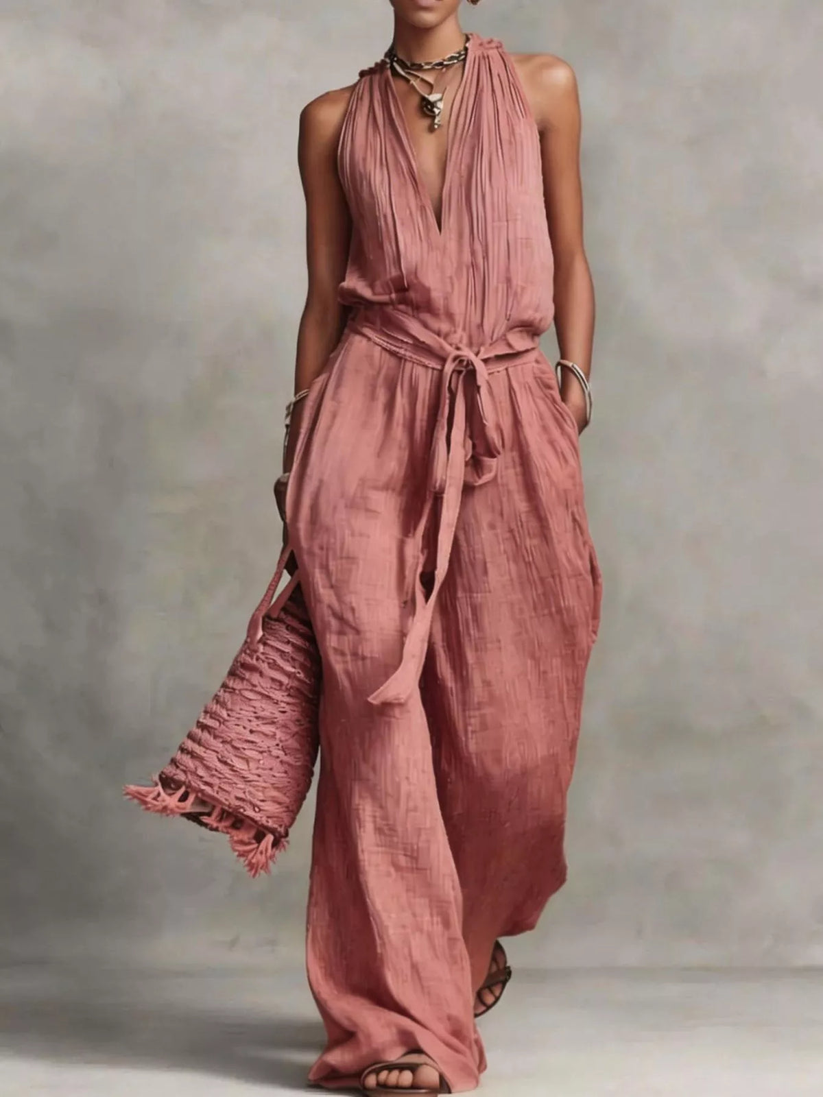 Sleeveless Tie-Waist Wide-Leg Jumpsuit