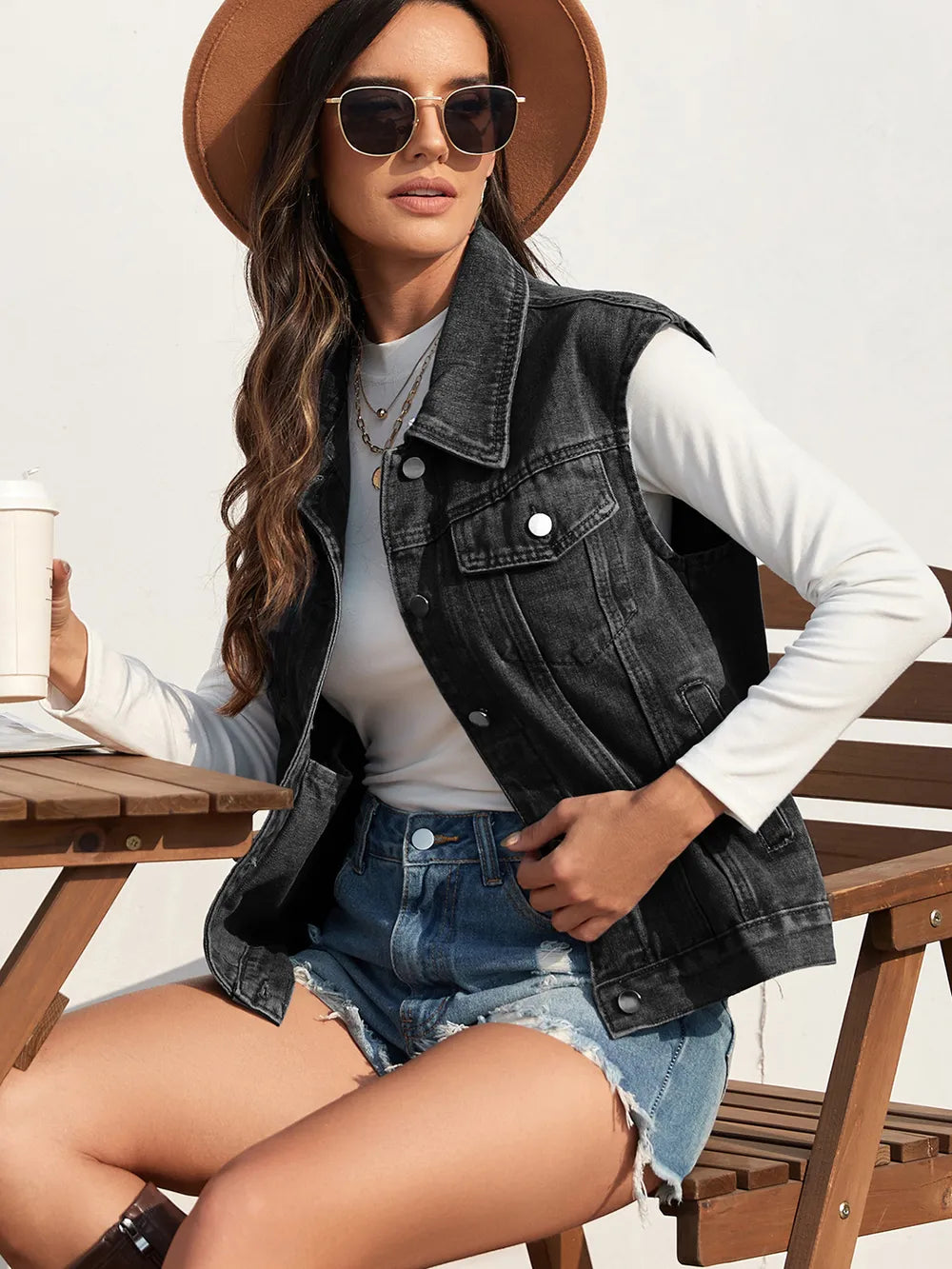 Collared Sleeveless Button-Front Denim Jacket by Manny