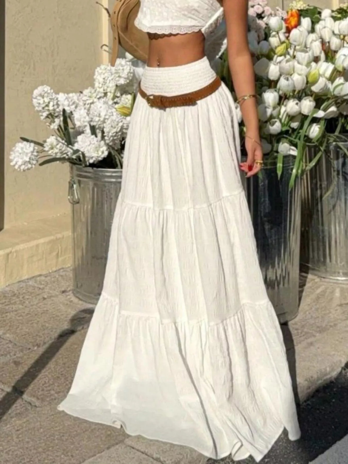 Smocked Tiered Maxi Skirt in White