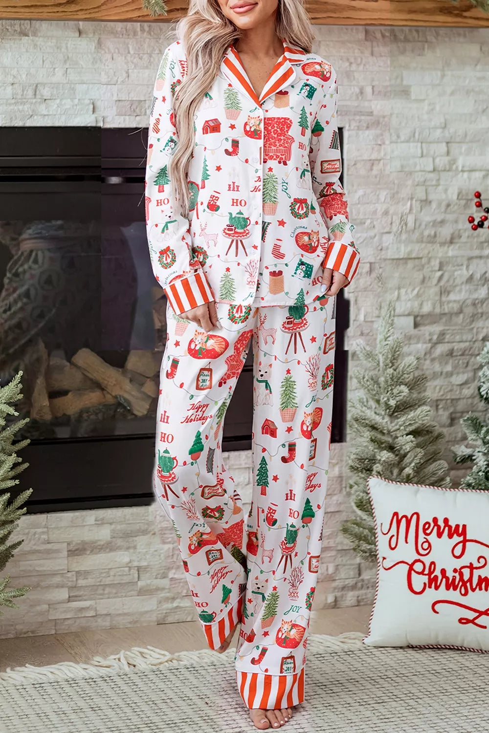 Striped Button-Front Long-Sleeve Lounge Set in White