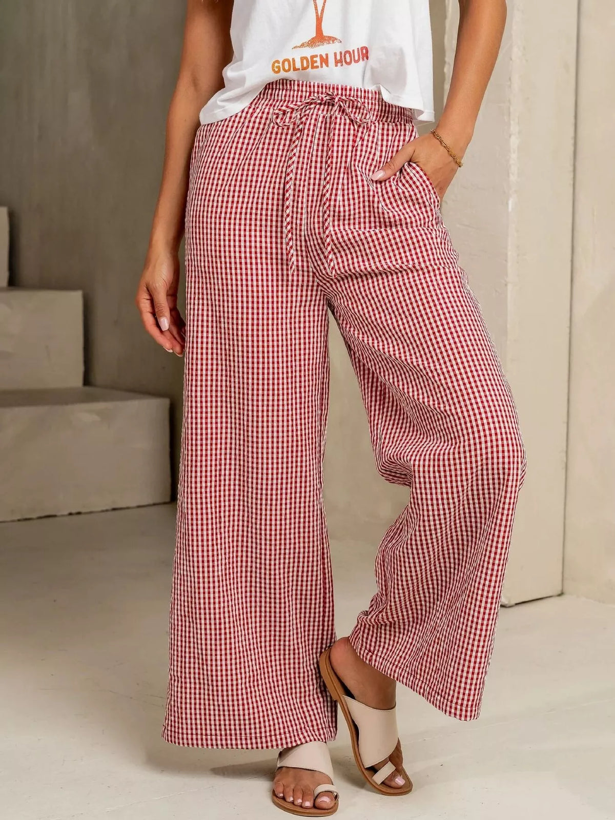 Gingham Wide-Leg Casual Pants