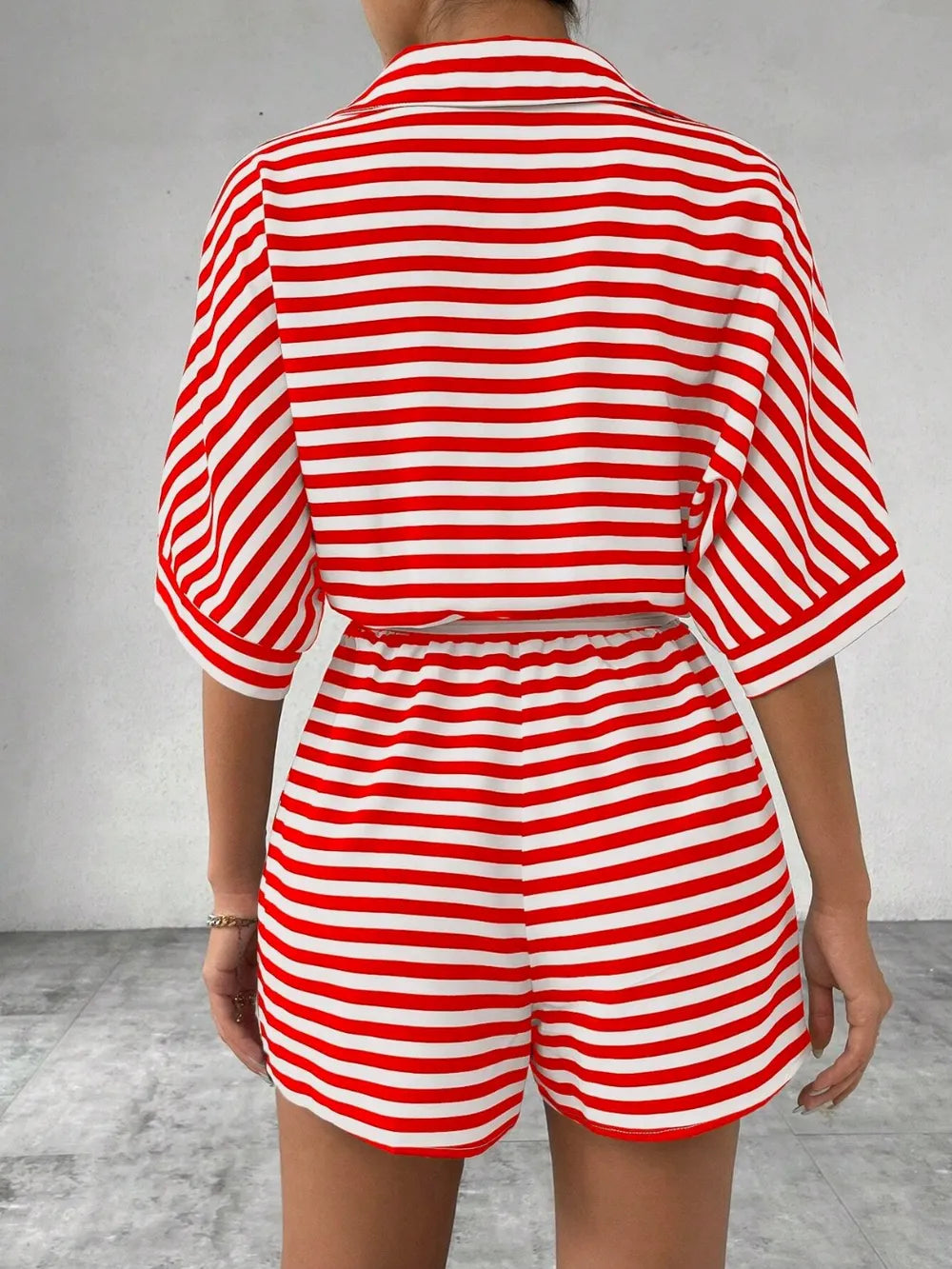 Half-Button Tie Waist Striped Romper
