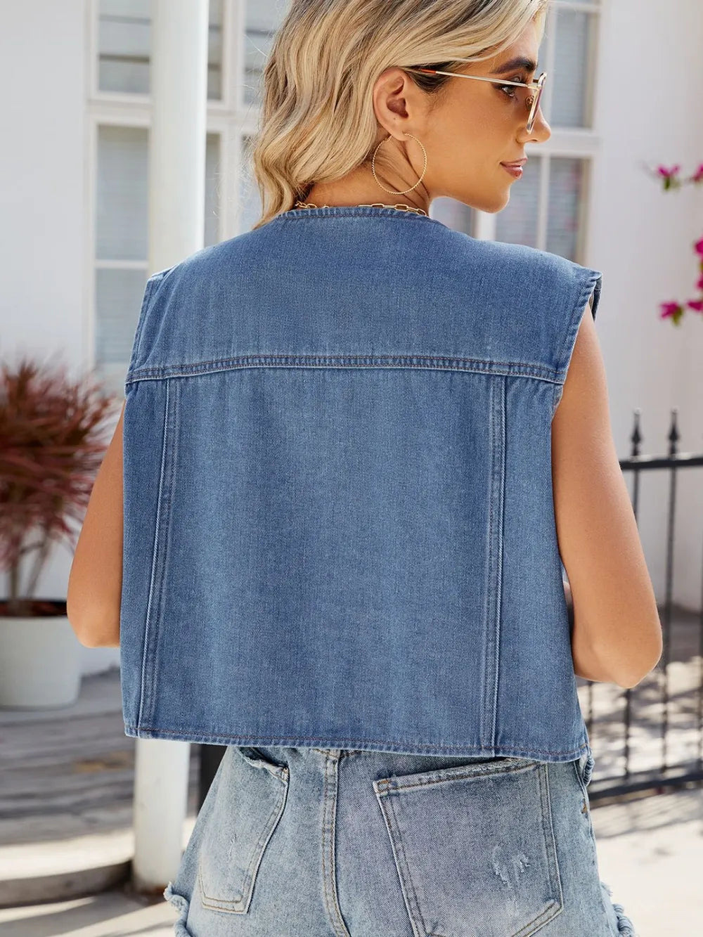 Cropped Sleeveless Denim Jacket in Dusty Blue by Manny