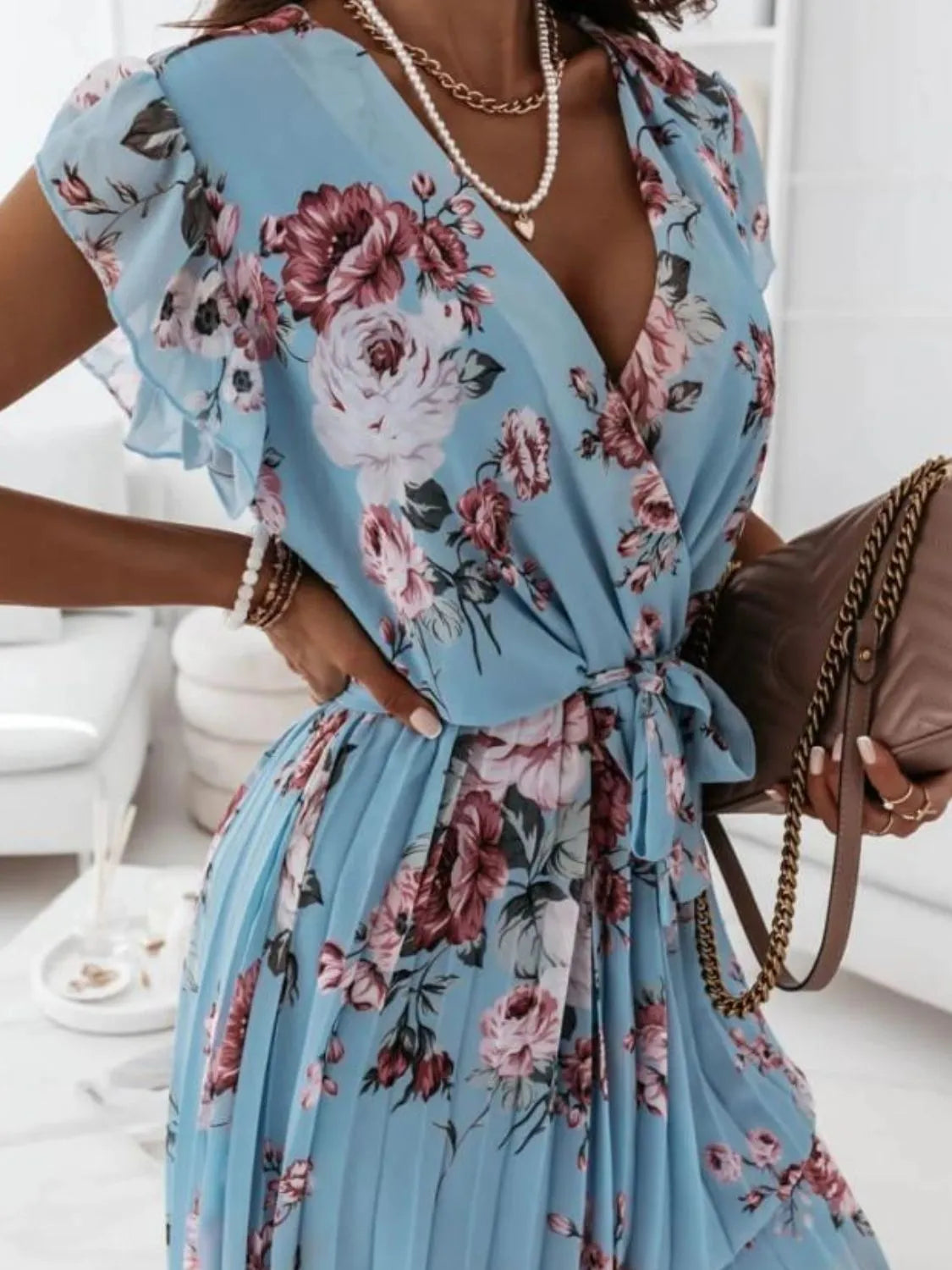 Floral Surplice Ruffled Cap Sleeve Dress