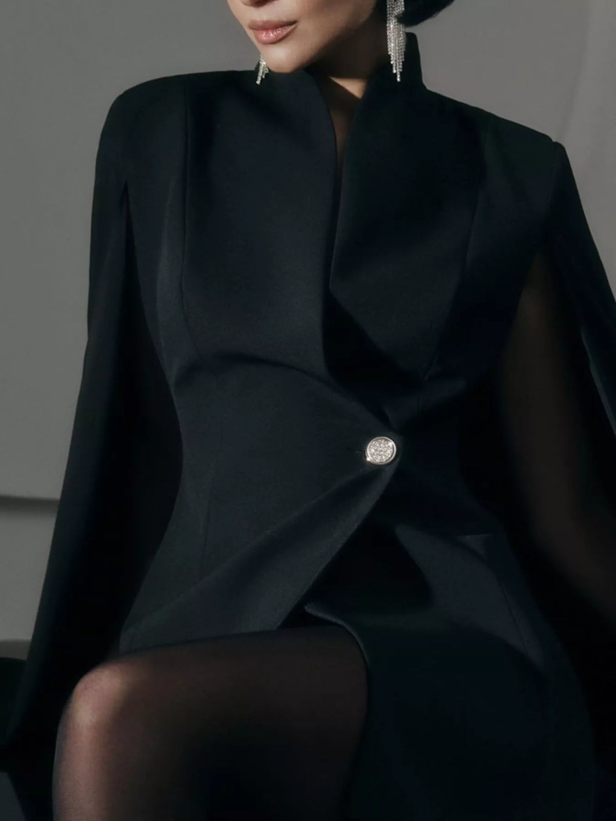 Fitted Blazer Dress with Cape Sleeves in Black