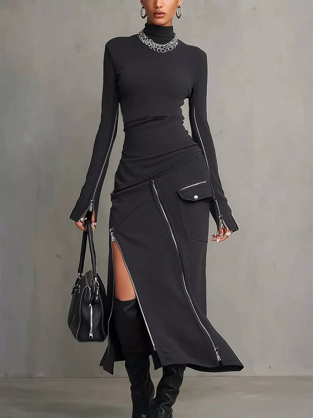 Ribbed Mock Neck Maxi Dress in Black