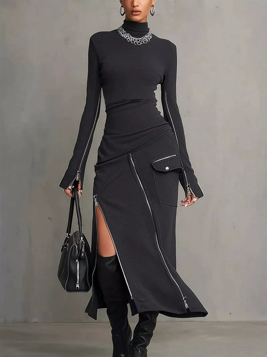 Ribbed Mock Neck Maxi Dress in Black