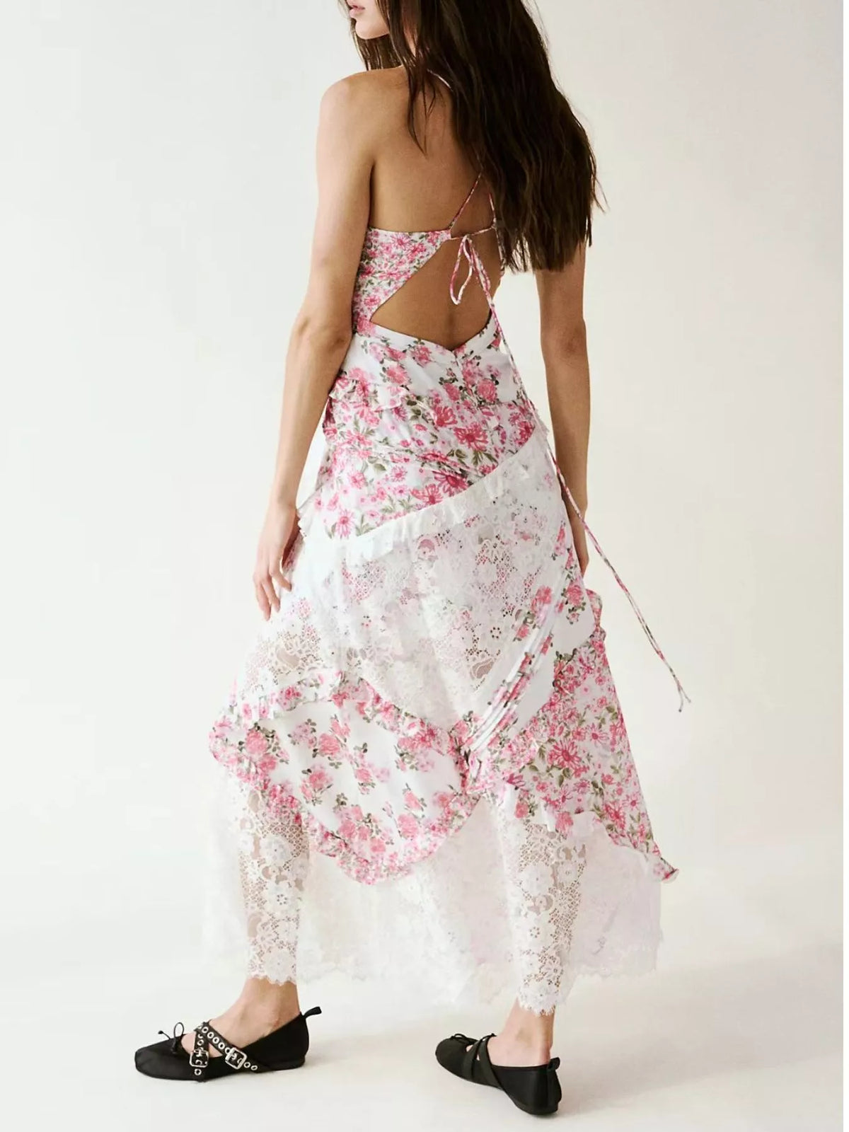 Lace Floral Ruffle Trim Maxi Dress