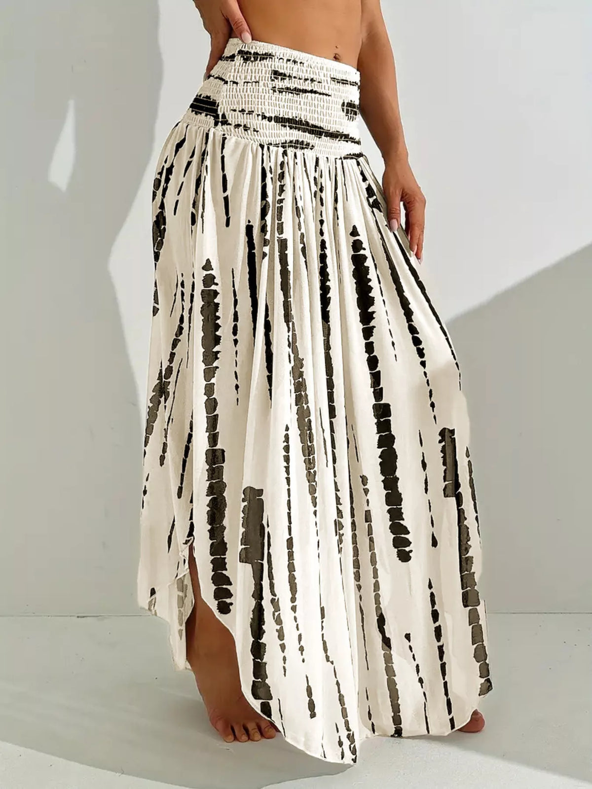 Smocked Asymmetrical Hem Skirt in Beige