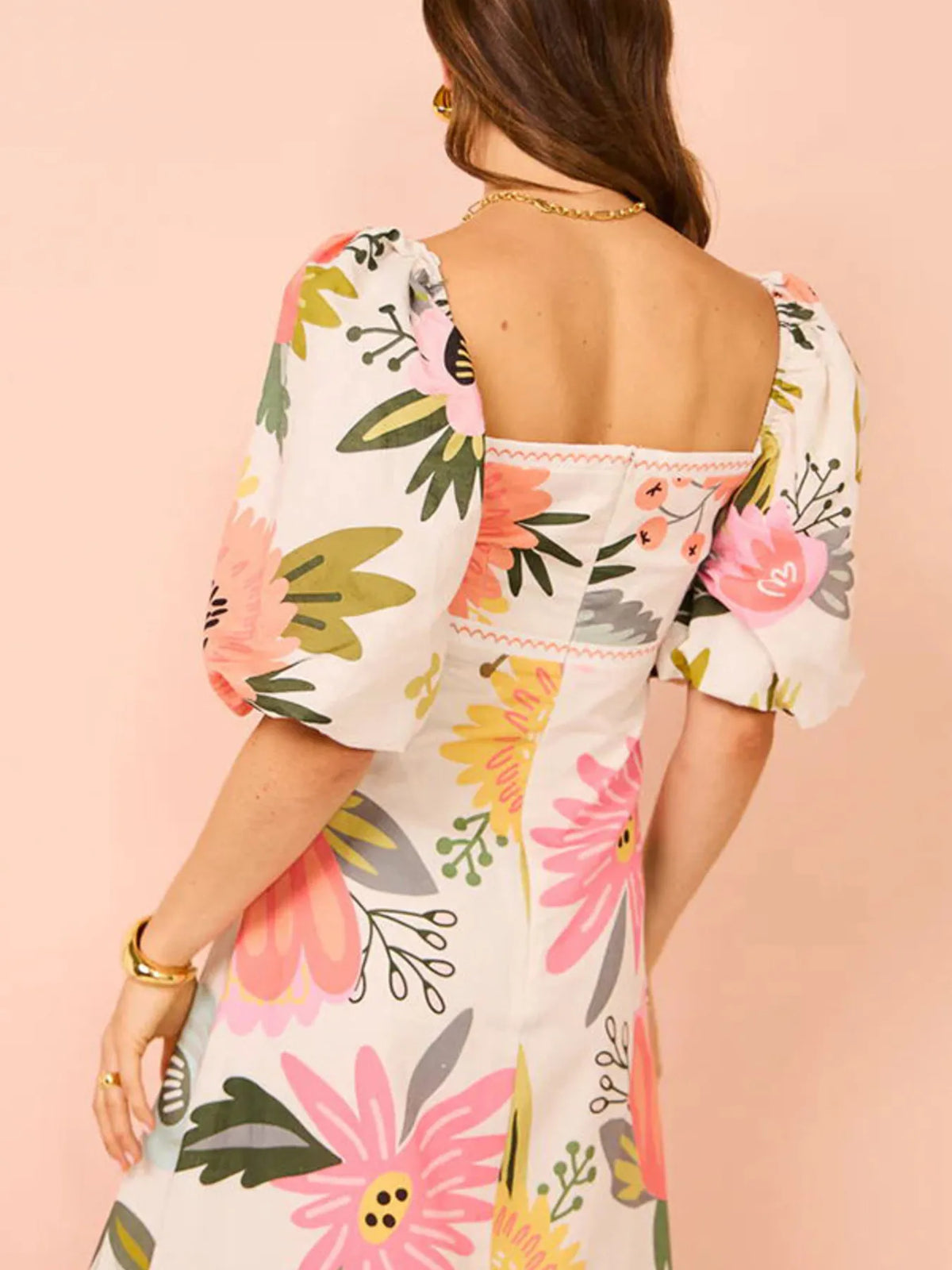Floral Square-Neck Puff-Sleeve Maxi Dress in Blue