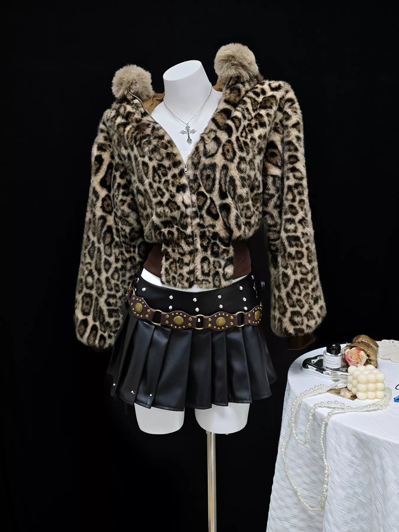 Leopard Faux Fur Hooded Jacket in Brown