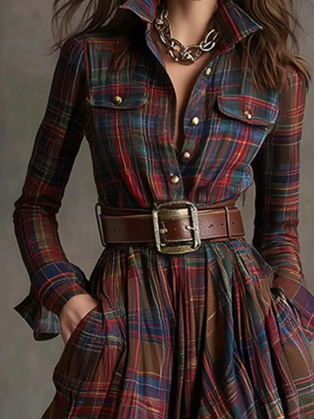 Plaid Long Sleeve Shirt Maxi Dress by Yvette
