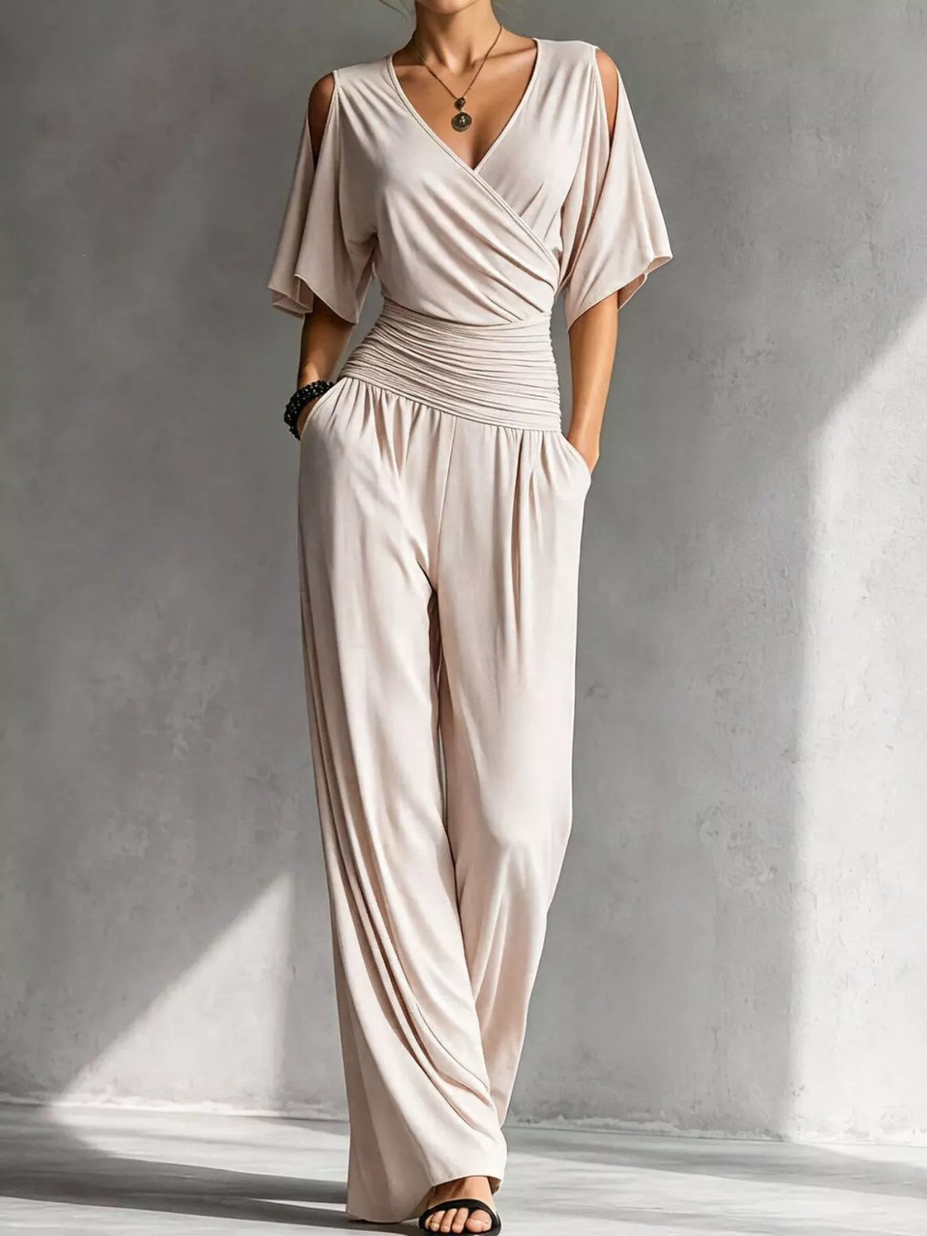 Cold Shoulder Ruched Waist Wide-Leg Jumpsuit in Apricot