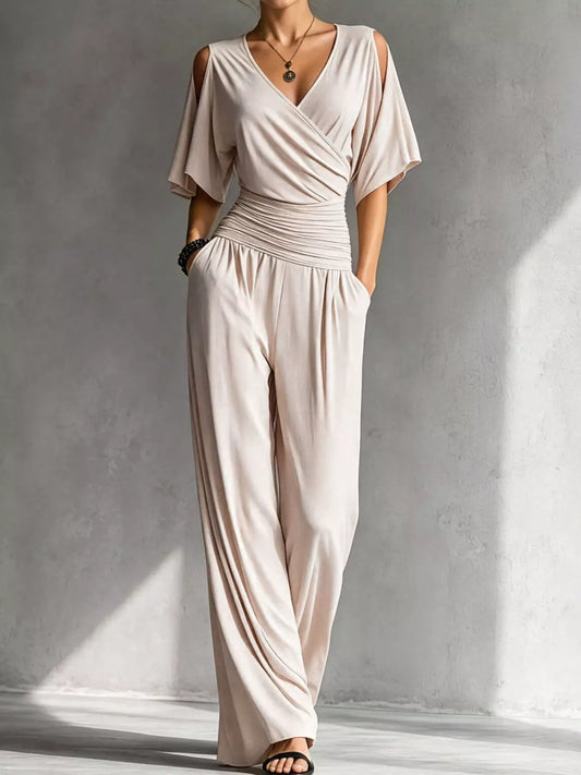 Cold Shoulder Ruched Waist Wide-Leg Jumpsuit in Apricot