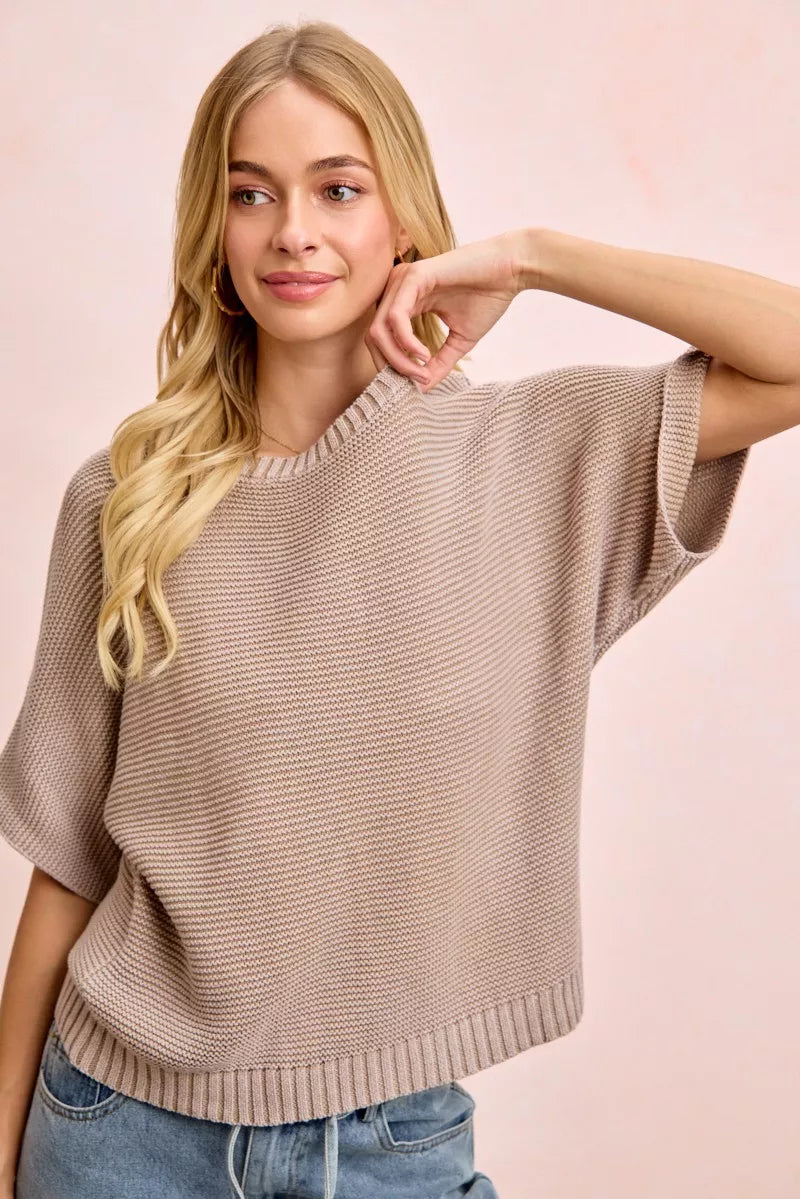 Short Dolman Sleeve Knit Top in Washed Mocha by BiBi