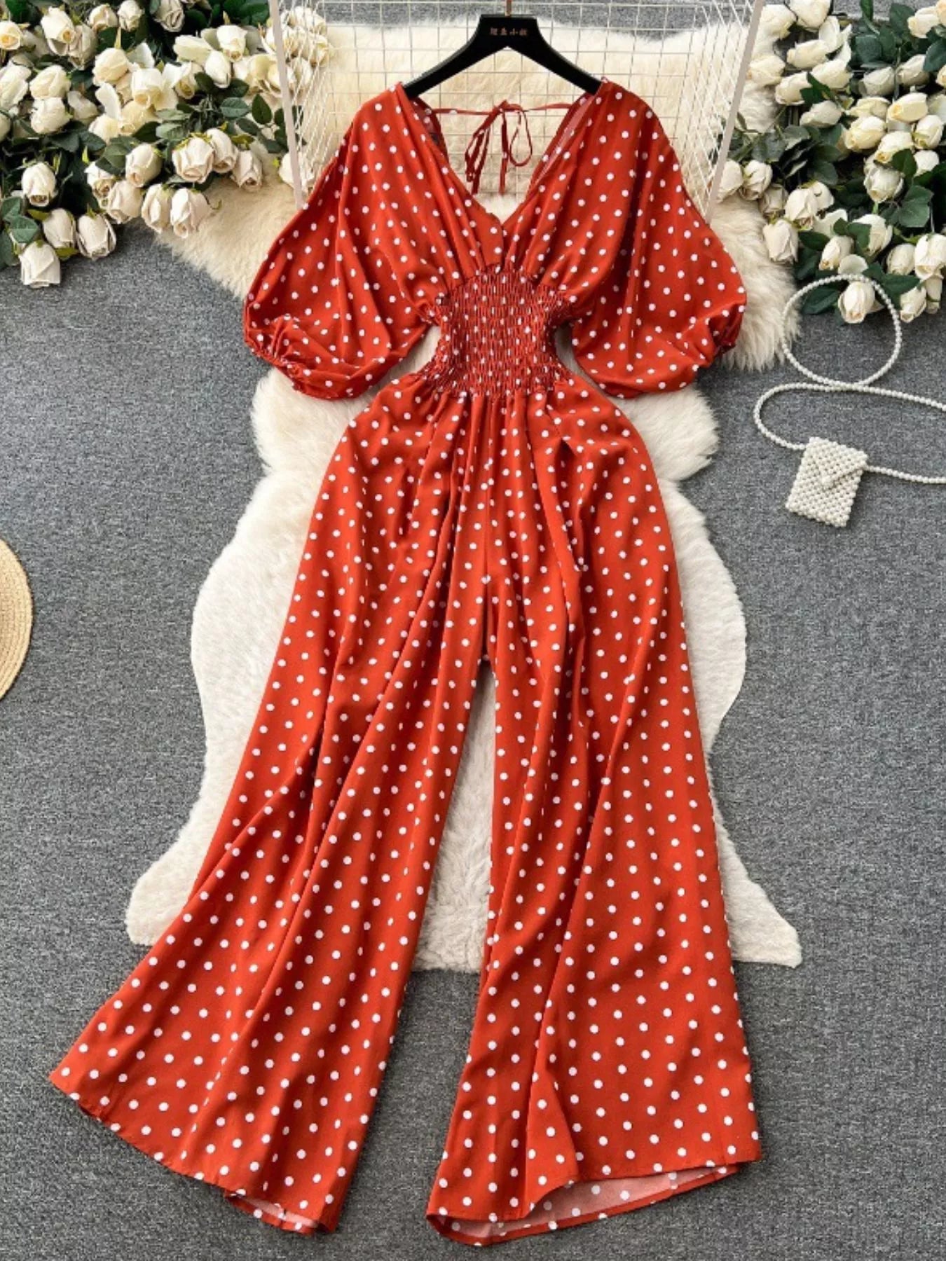 Smocked V-Neck Wide Leg Jumpsuit