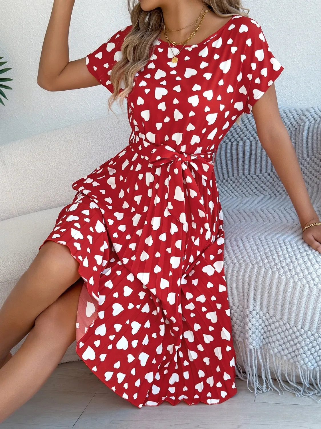 Heart Print Tie Waist Dress