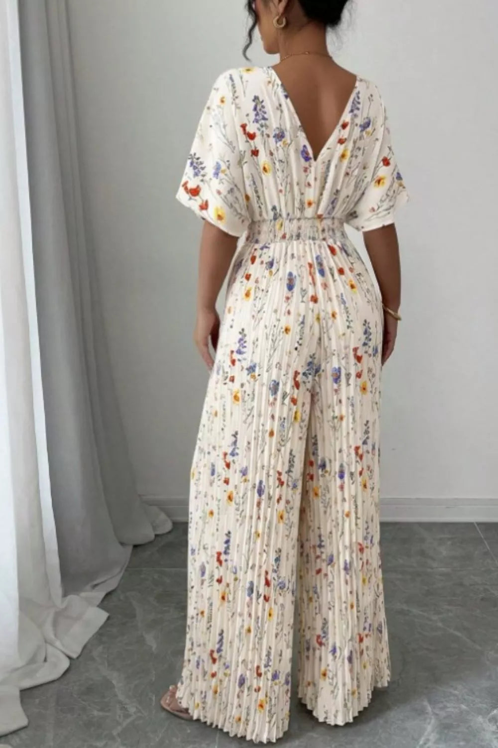 Floral Print Wide Leg Pleated Jumpsuit in Beige