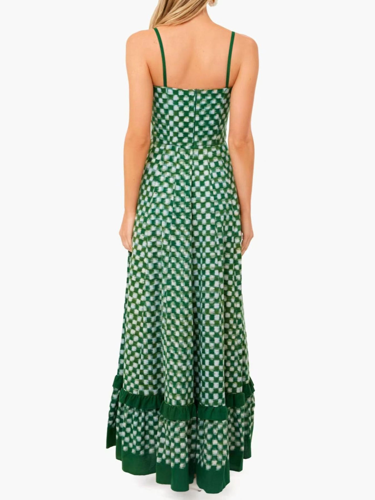 Checkered Spaghetti Strap Maxi Dress in Green