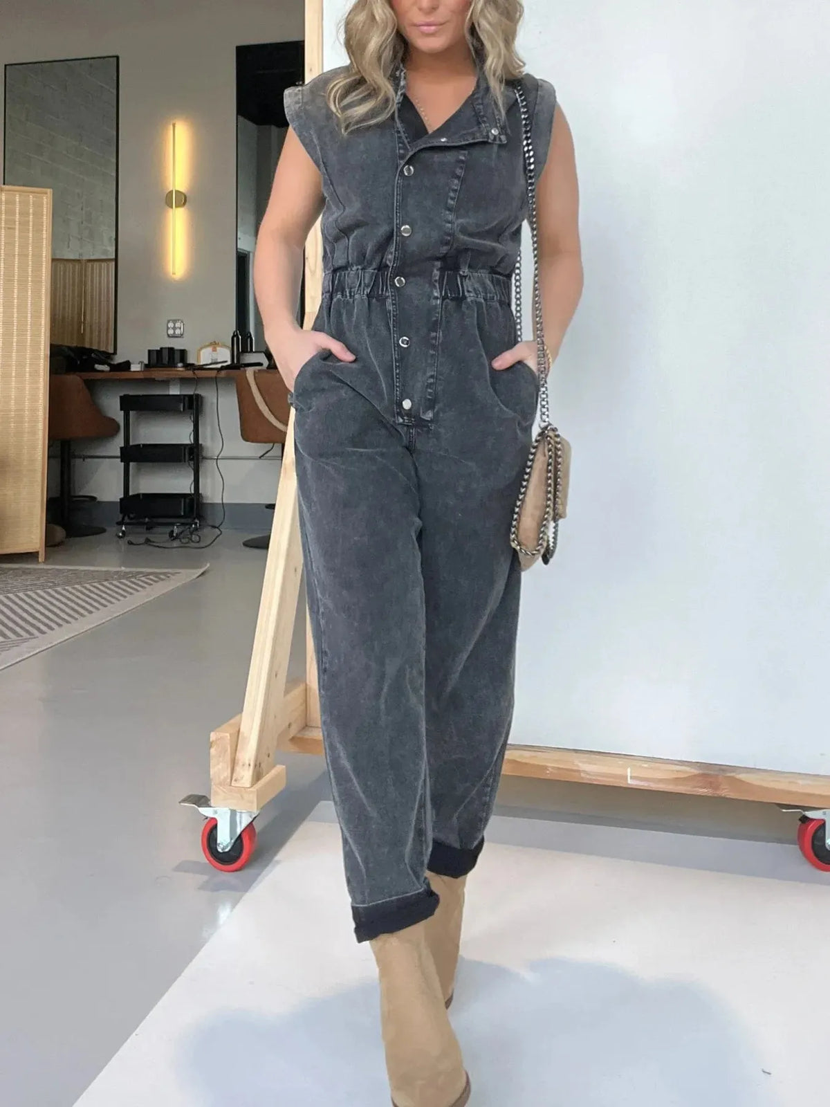 Button Front Cap Sleeve Denim Jumpsuit