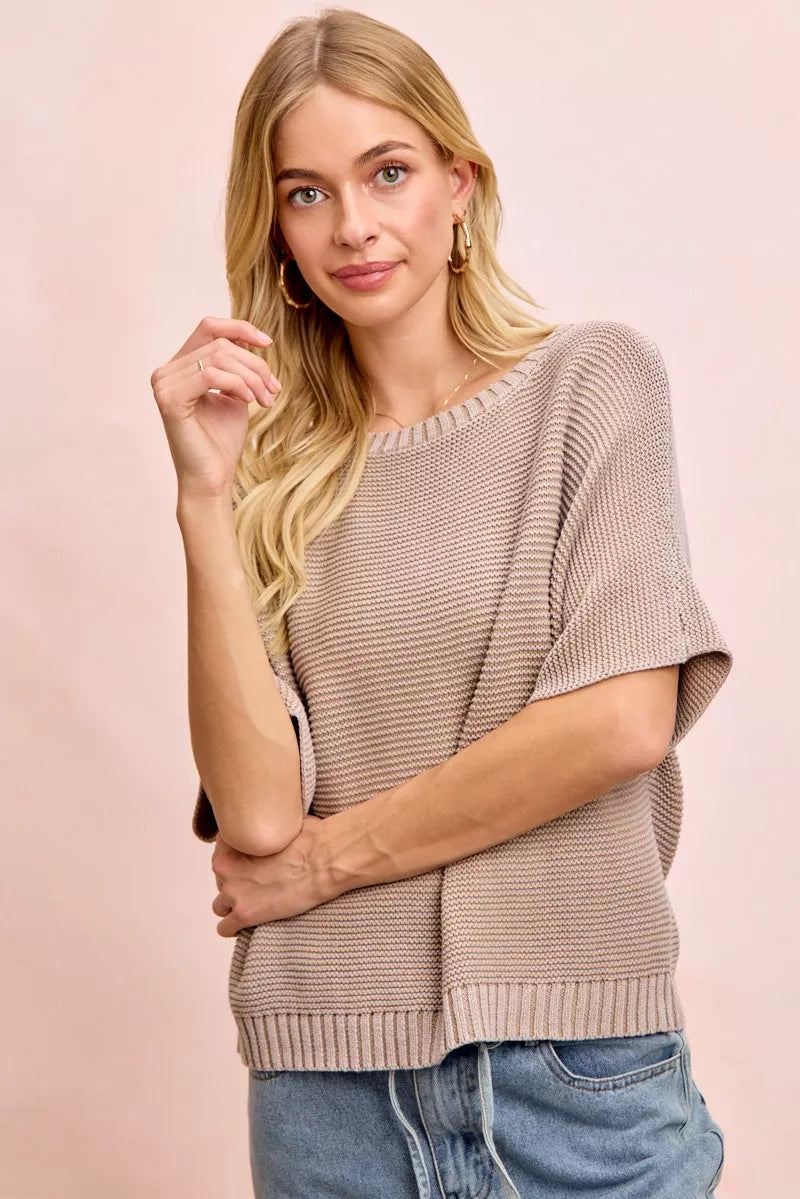 Short Dolman Sleeve Knit Top in Washed Mocha by BiBi
