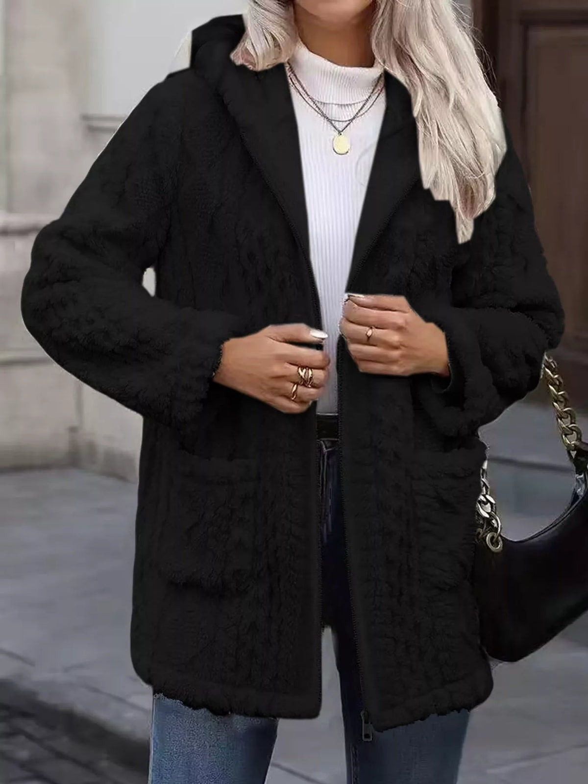 Faux Fur Hooded Zip-Up Jacket in Ocean Blue