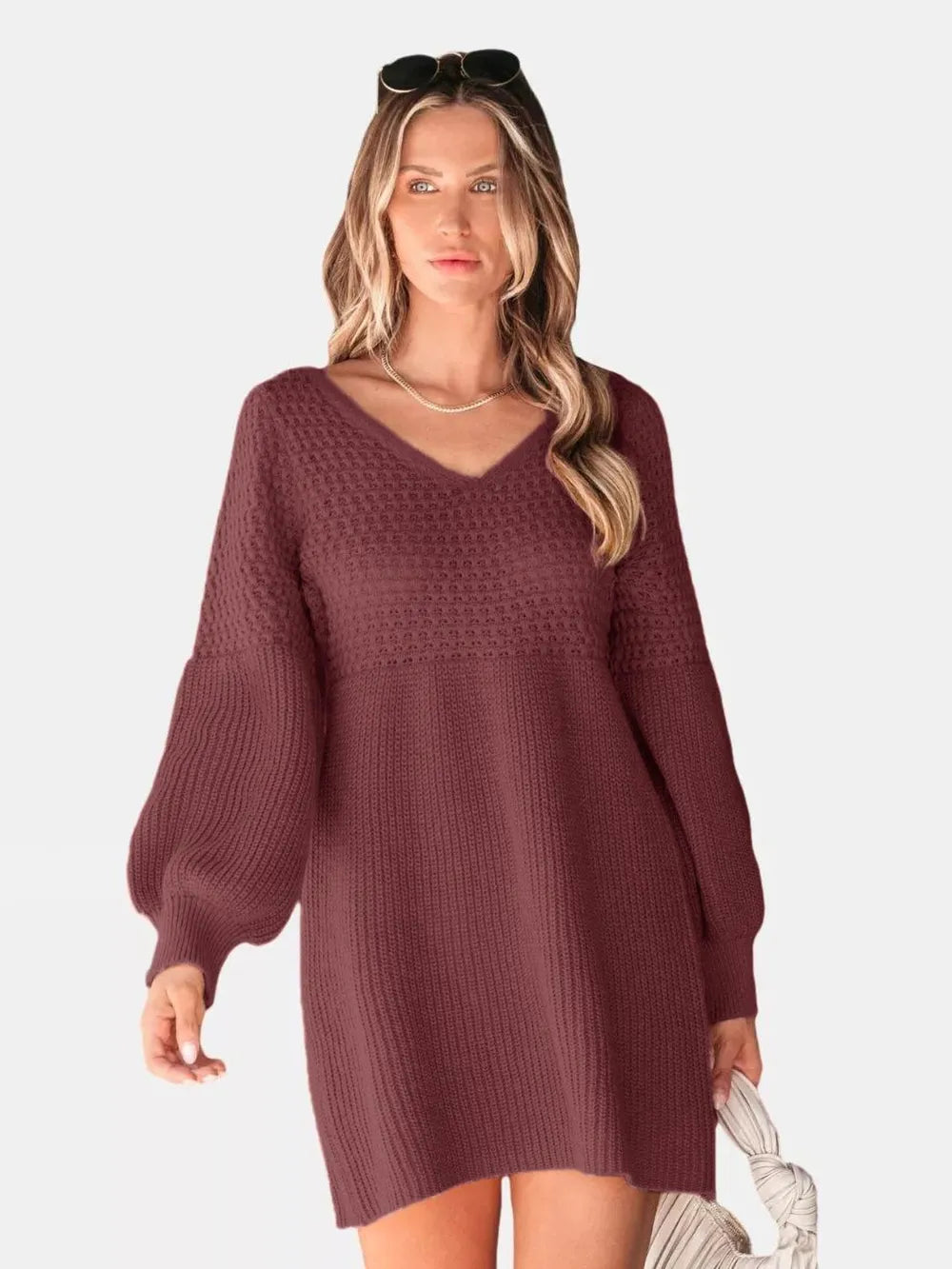V-Neck Long Sleeve Sweater Dress in Burgundy