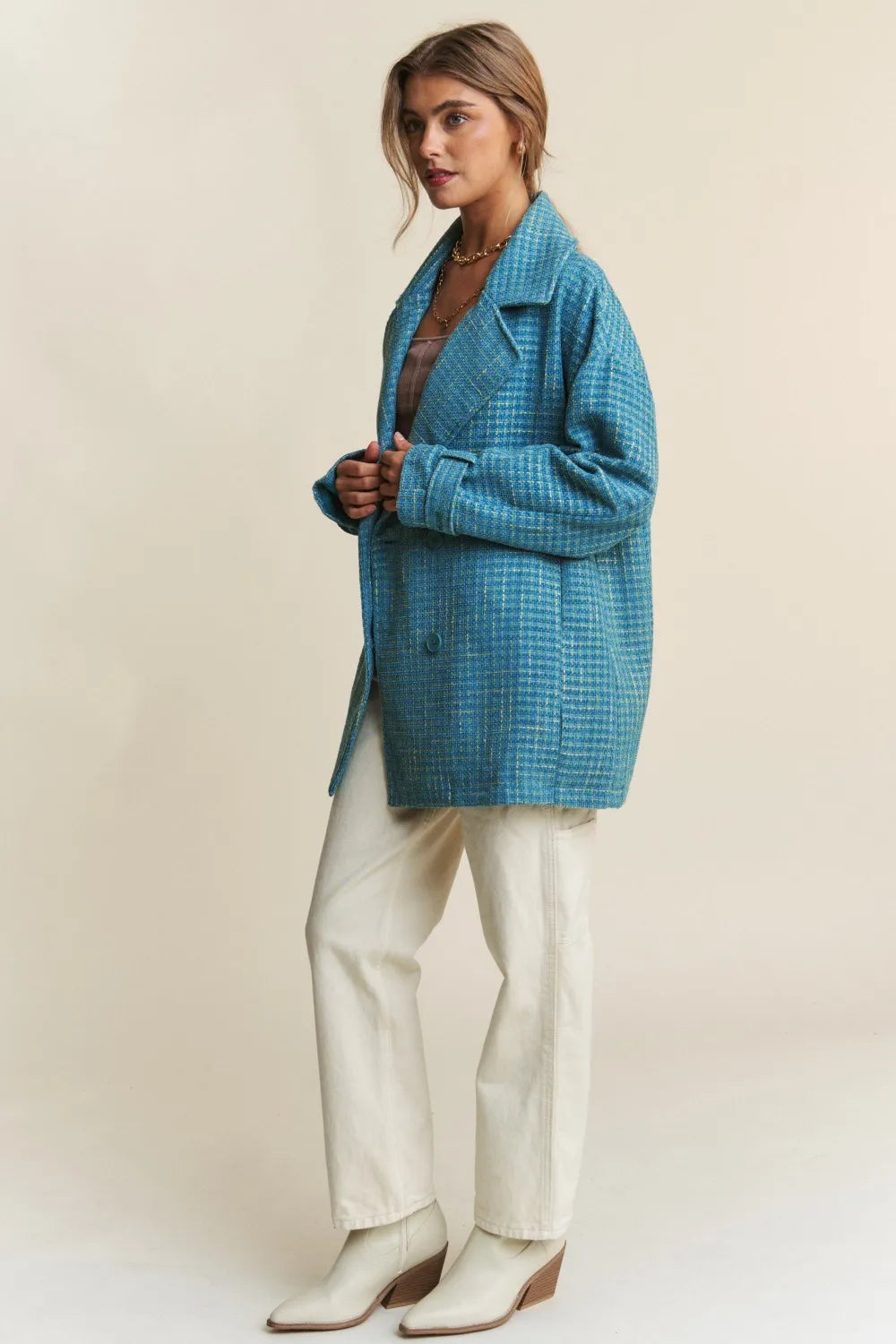 Tweed Double-Breasted Coat in Emerald Sea by J.NNA