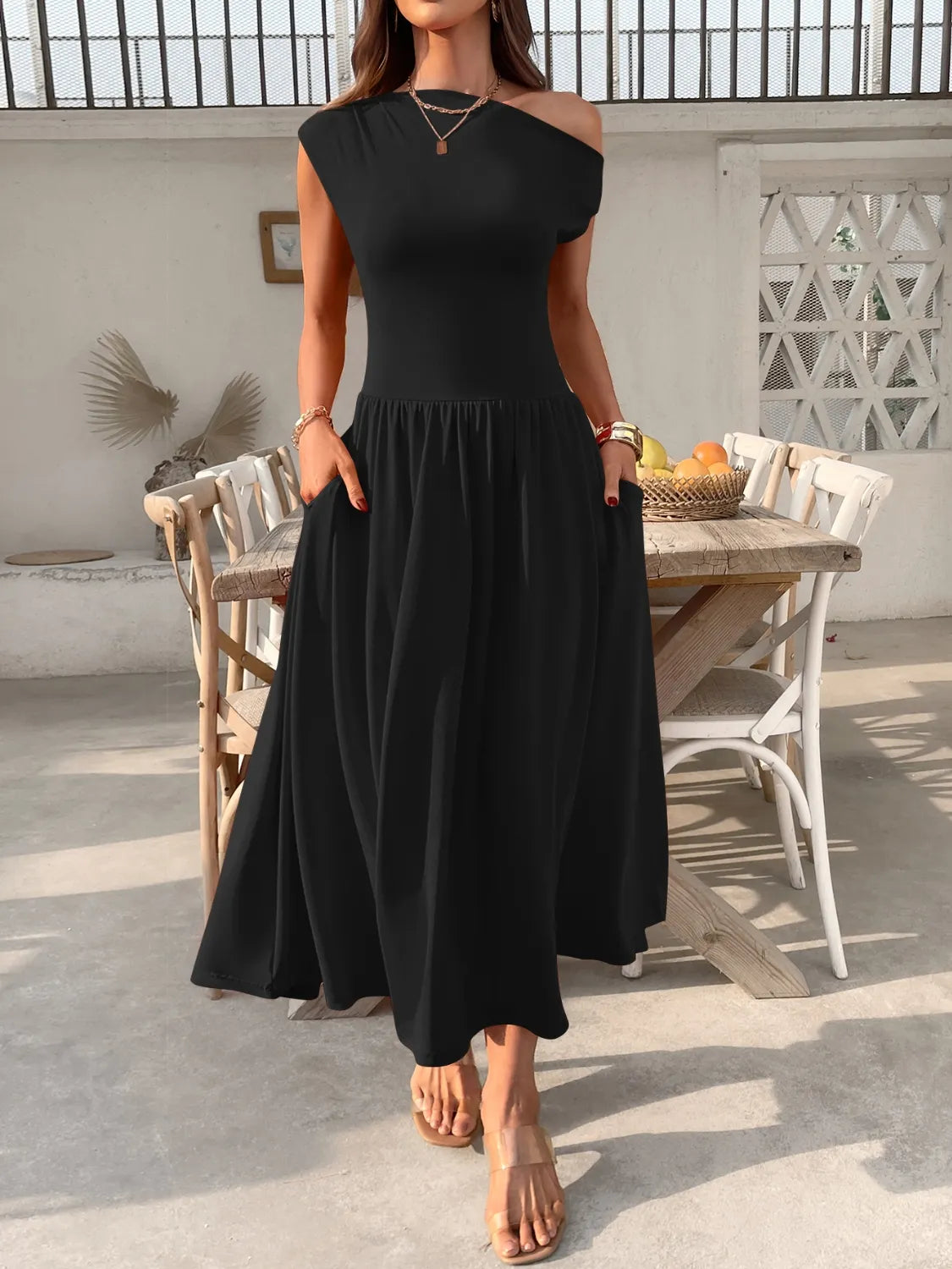 Single-Shoulder Pocketed Dress in Dusty Pink