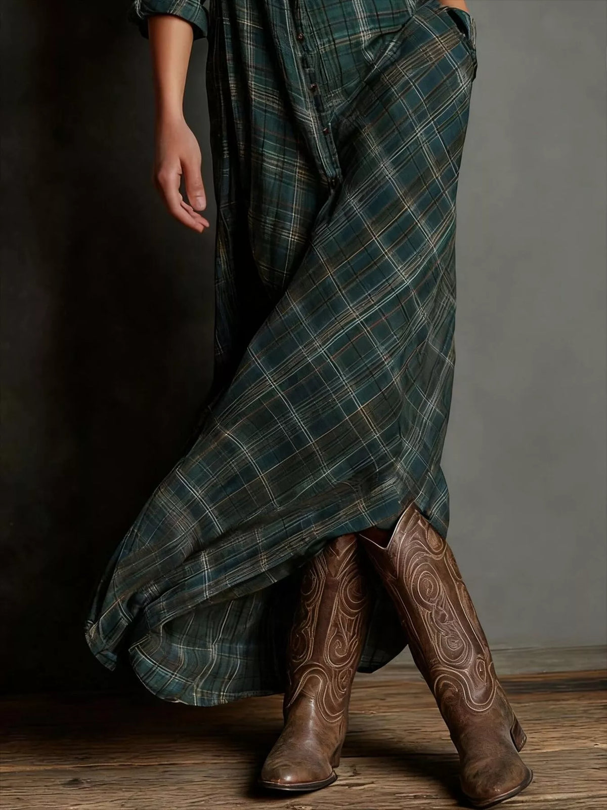 Plaid Button-Down Maxi Dress with Pockets