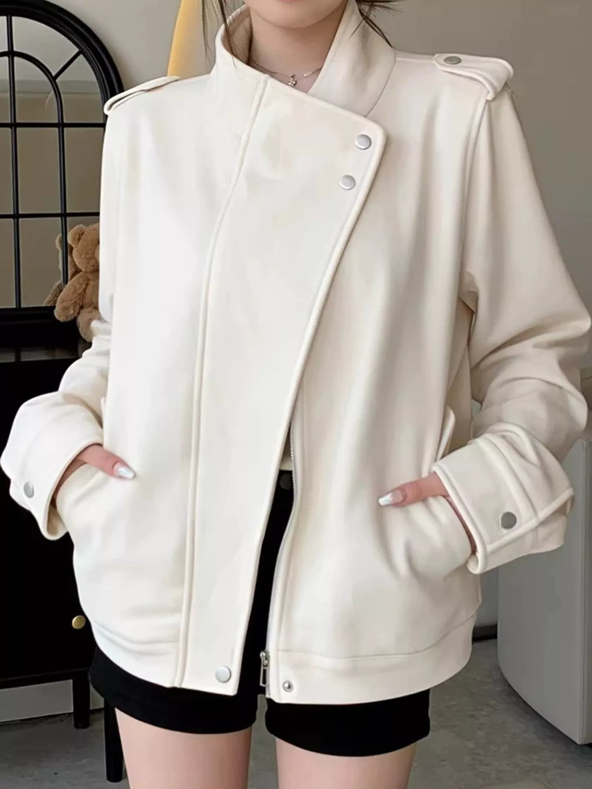 Asymmetric Zip-Up Jacket in Off-White