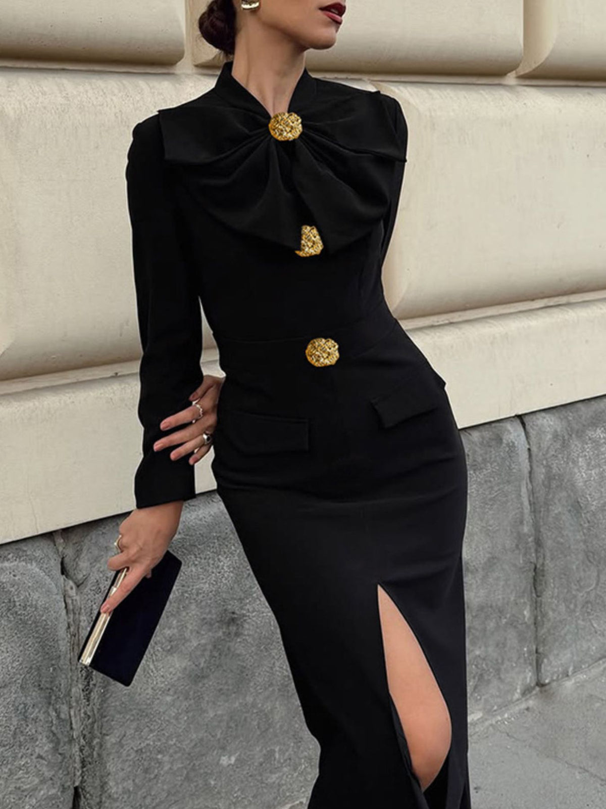 Ruched Long Sleeve Midi Dress in Black